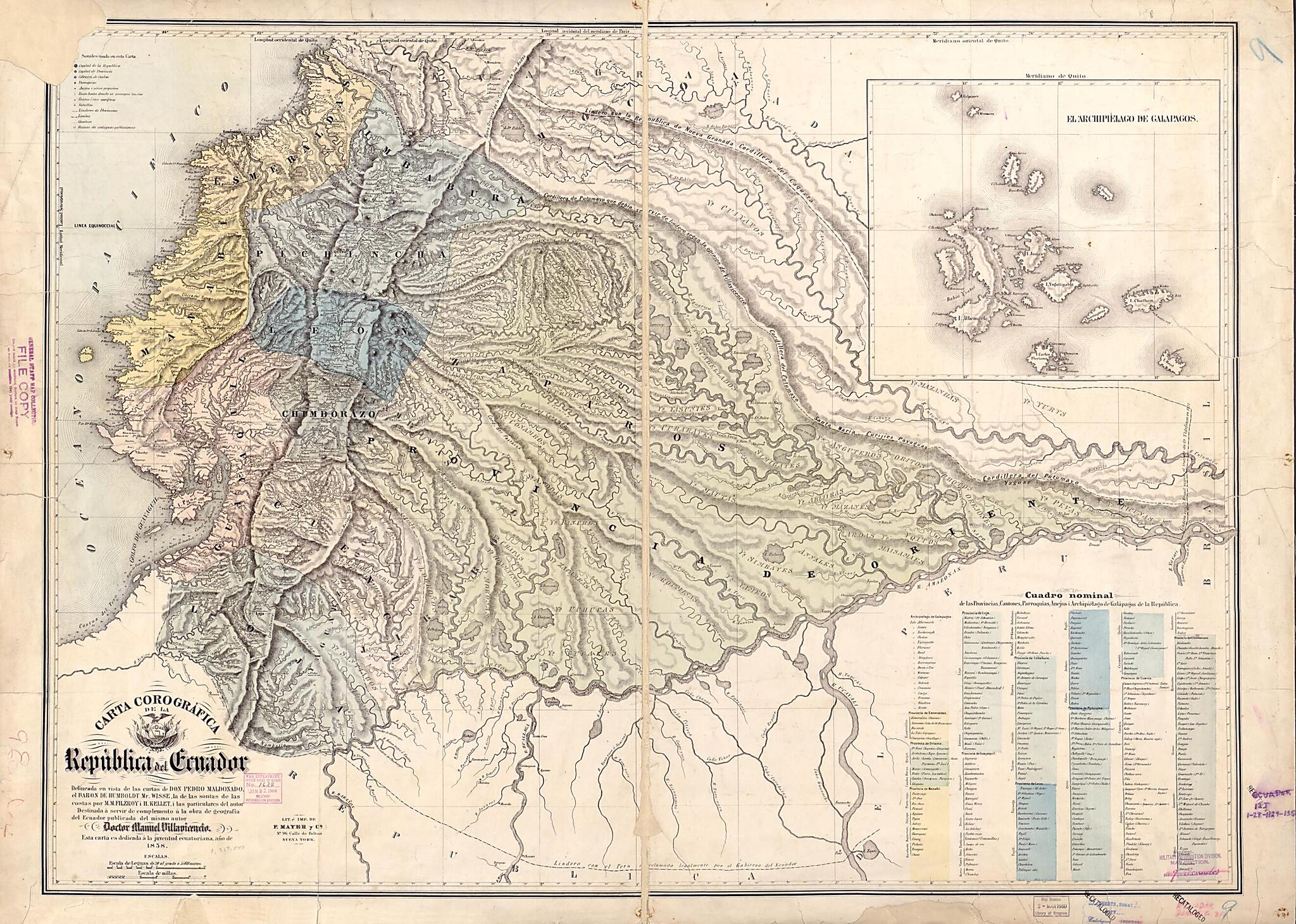 Carta Corográfica De La Republica Del Ecuador : Delineada En Vista De Las Cartas De Don Pedro Maldonado, El Baron De Humboldt Mr. Wisse, La De Las Sontas De Las Costas Por M.M. Filzroy I H. Kellet I Las Particulares Del Autor 1858 by Relic Map Company