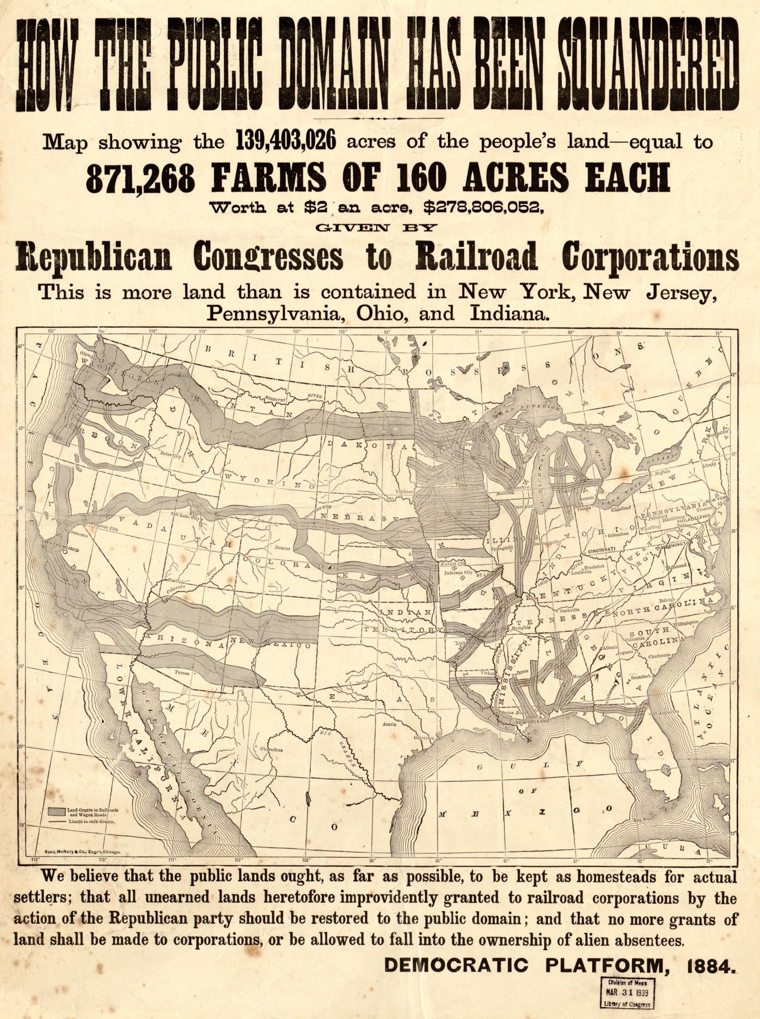 Equal to 871,268 Farms of 160 Acres Each, Worth at $2 an Acre, $278,806,052, Given by Republican Congresses to Railroad Corporations 1884 by Relic Map Company