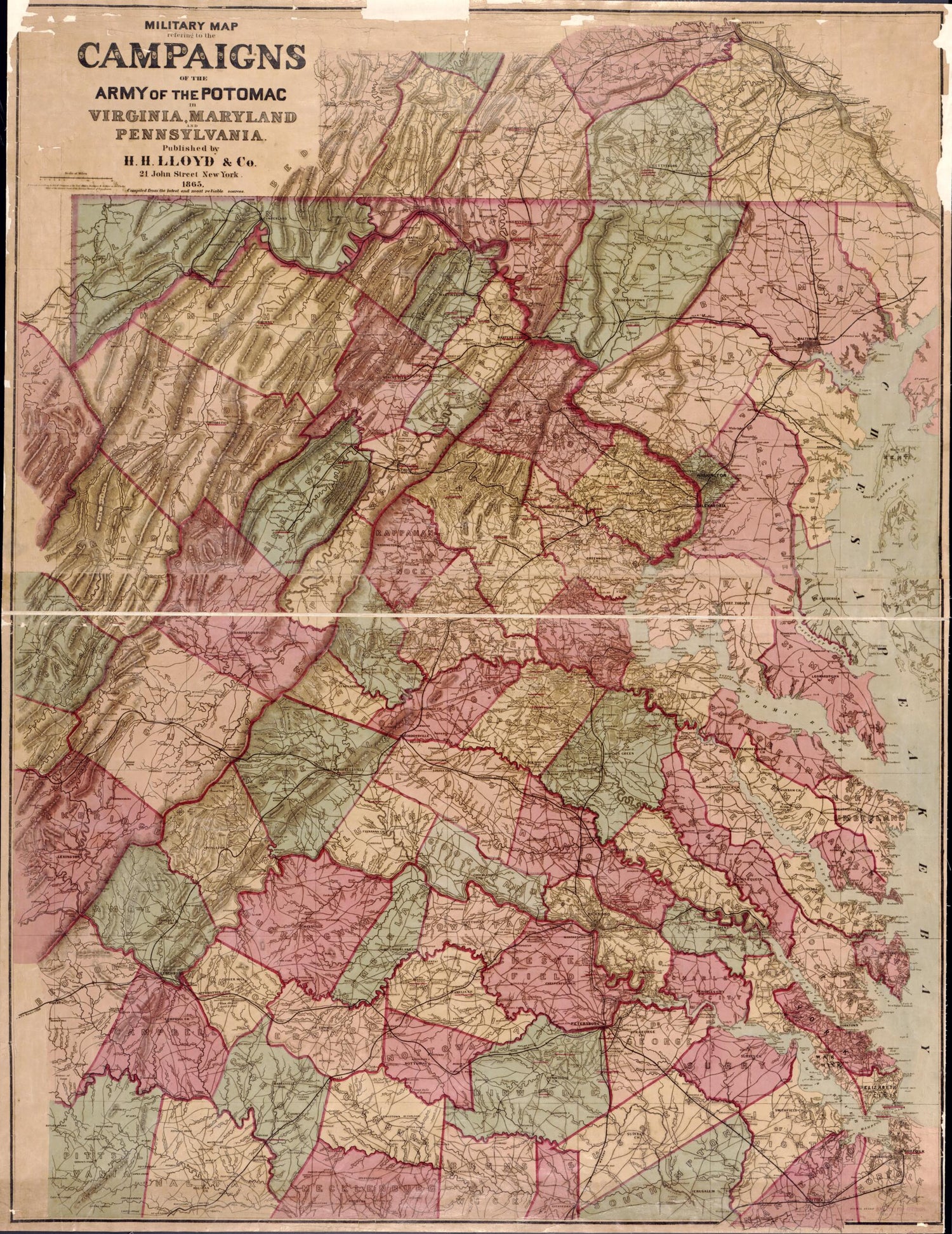 This old map of Military Map Refering sic to the Campaigns of the Army of the Potomac In Virginia, Maryland and Pennsylvania from 1865 was created by  H.H. Lloyd &amp; Co in 1865