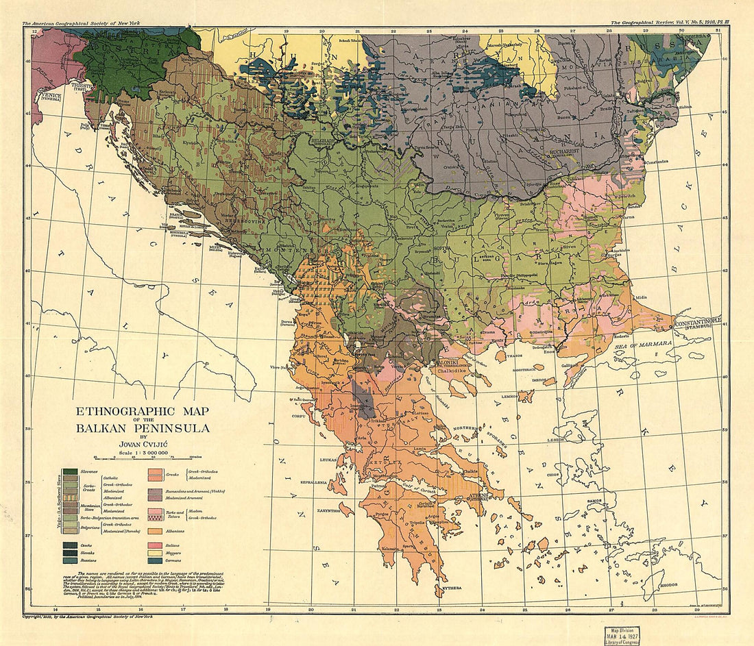This old map of Ethnographic Map of the Balkan Peninsula from 1918 was created by  American Geographical Society of New York, William A. Briesemeister, Jovan Cvijić in 1918