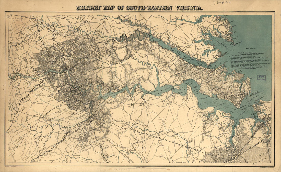 This old map of Eastern Virginia from 1864 was created by A. Lindenkohl in 1864