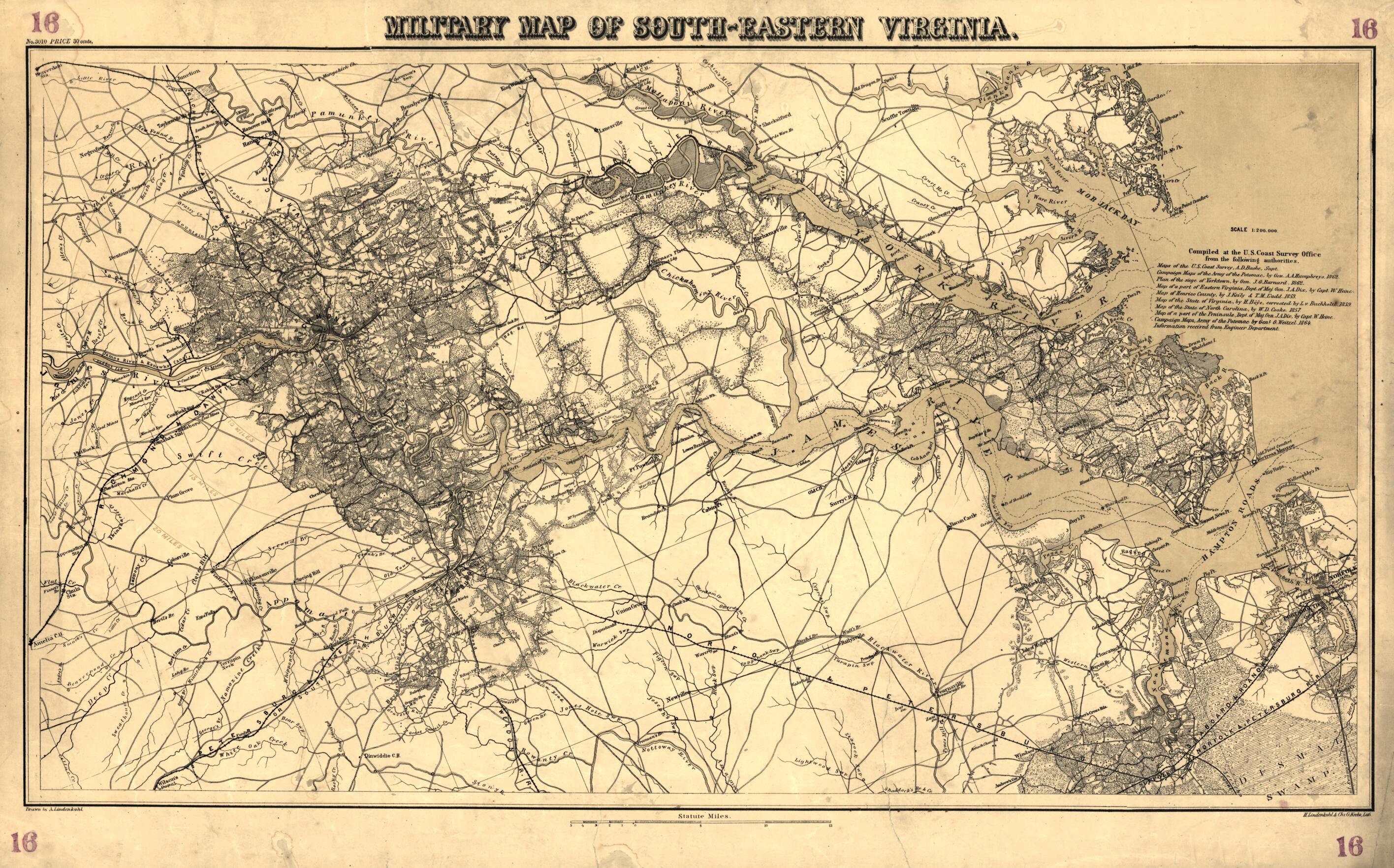 This old map of Eastern Virginia from 1864 was created by A. Lindenkohl in 1864