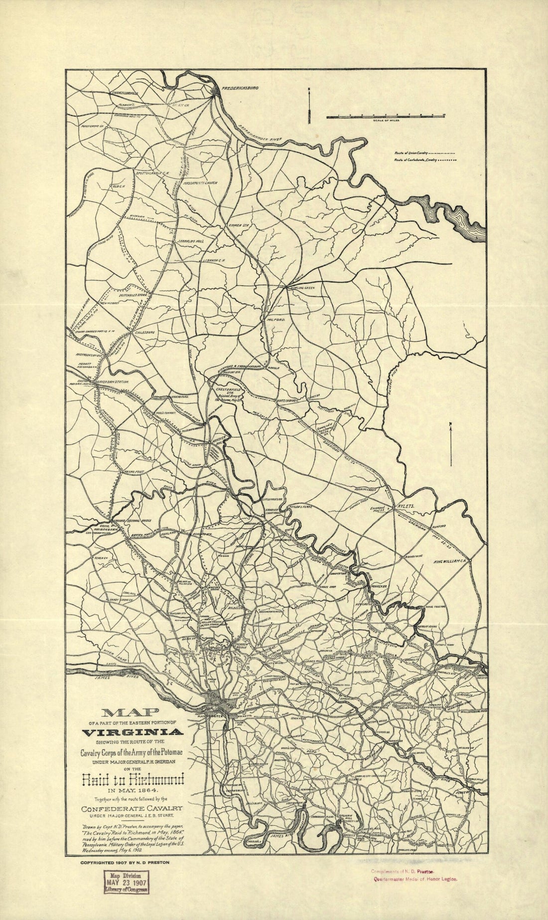 This old map of Map of a Part of the Eastern Portion of Virginia Showing the Route of the Cavalry Corps of the Army of the Potomac Under Major General P.H. Sheridan On the Raid to Richmond In May from 1864 : Together With the Route Followed by the Confed