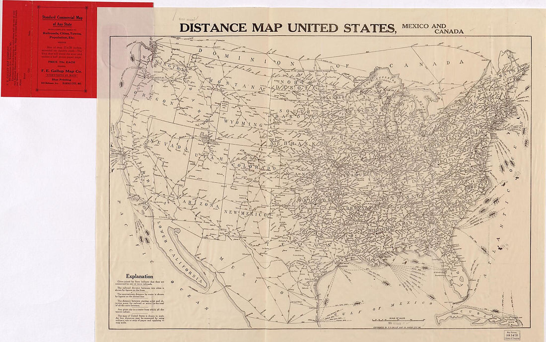 This old map of Distance Map United States, Mexico and Canada. (New Railroad Distance and Air Route Map of United States, Canada and Mexico) from 1919 was created by  F. E. Gallup Map Co in 1919