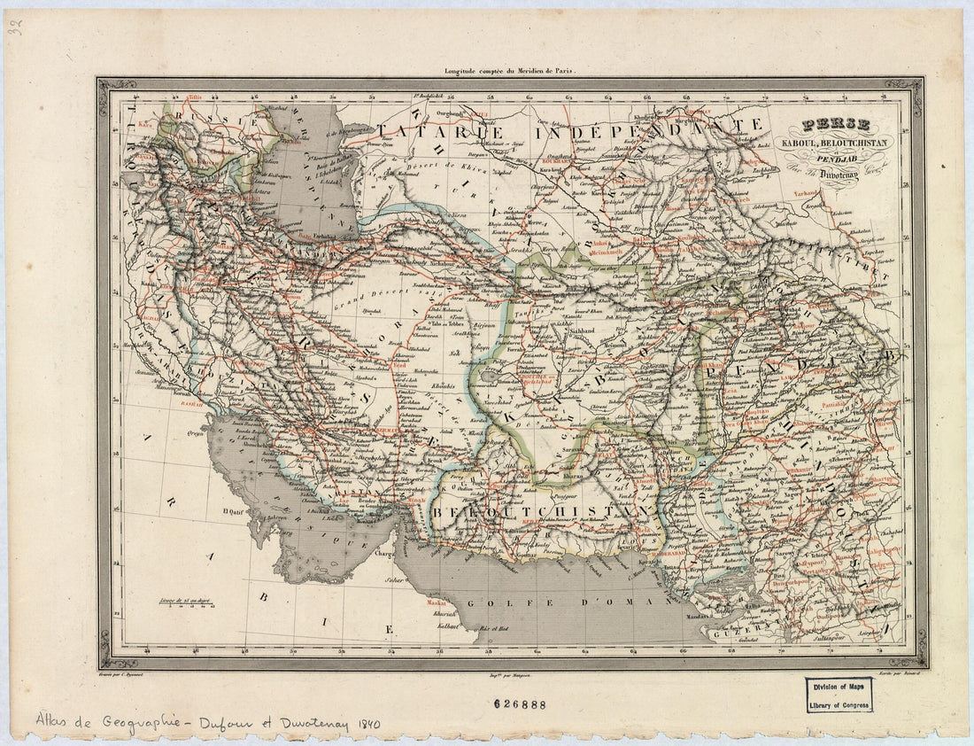 This old map of Perse, Kaboul, Beloutchistan Et Pendjab from 1840 was created by Th. (Thunot) Duvotenay in 1840