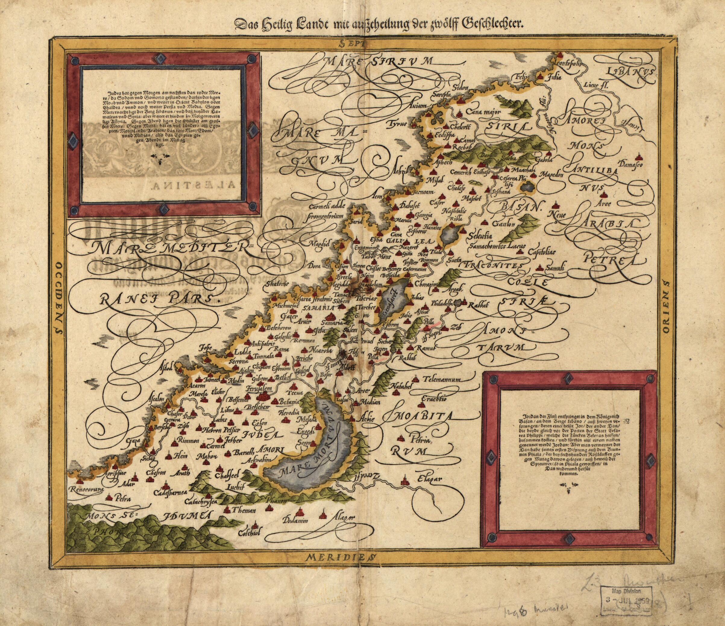 This old map of Das Heilig Lande Mit Ausztheilung Der Zwoelff Geschlechter. (Palaestina, Des Heiligen Landes Beschreibung Mit Sampt Den Anstossenden Laendern Und Voelctern Alss Die Ammoniter, Jdumeer sic, Araber, U.) from 1588 was created by Sebastian He