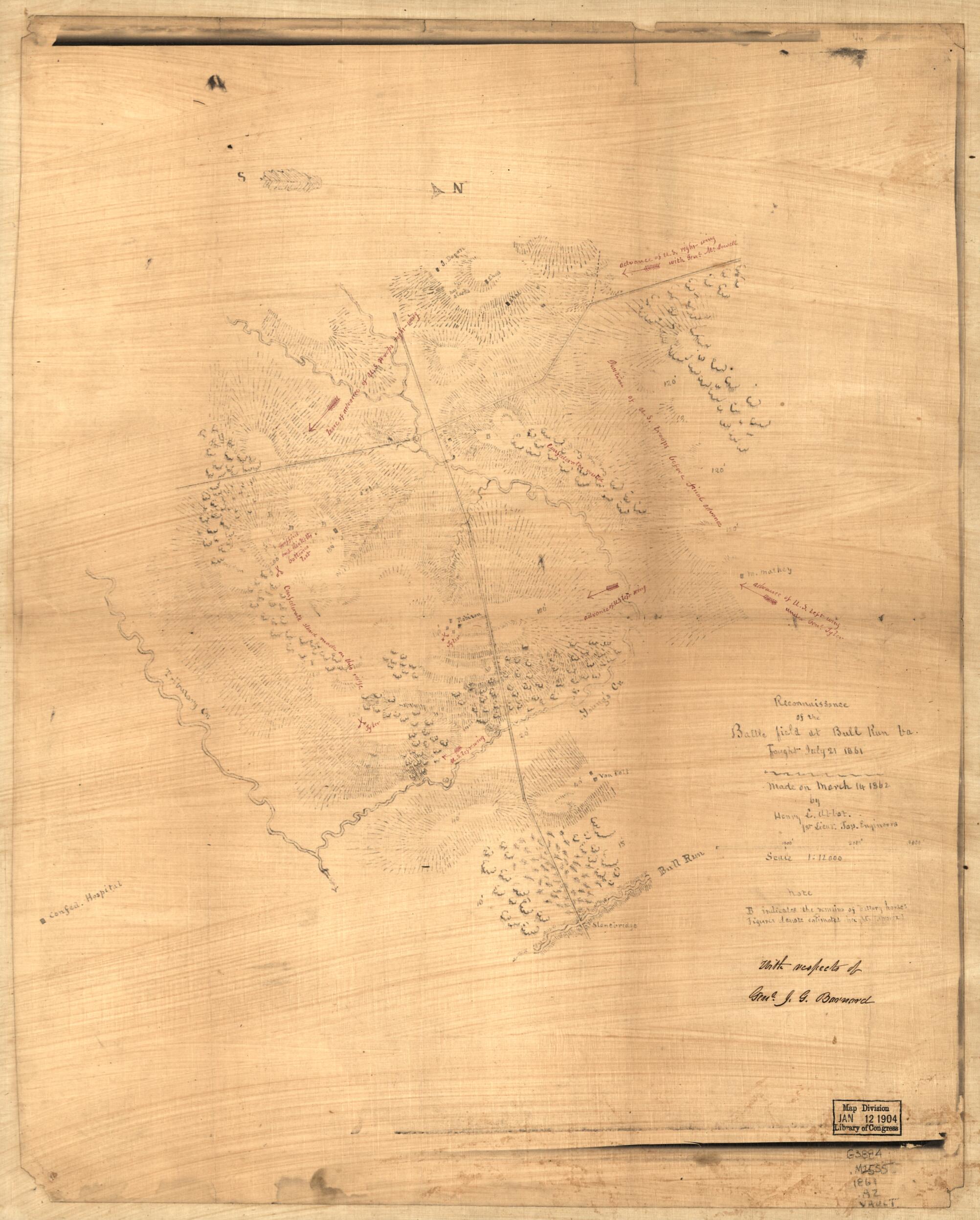 This old map of Reconnaissance of the Battle Field at Bull Run, Va., Fought July 21, 1861 from 1862 was created by Henry L. Abbot in 1862