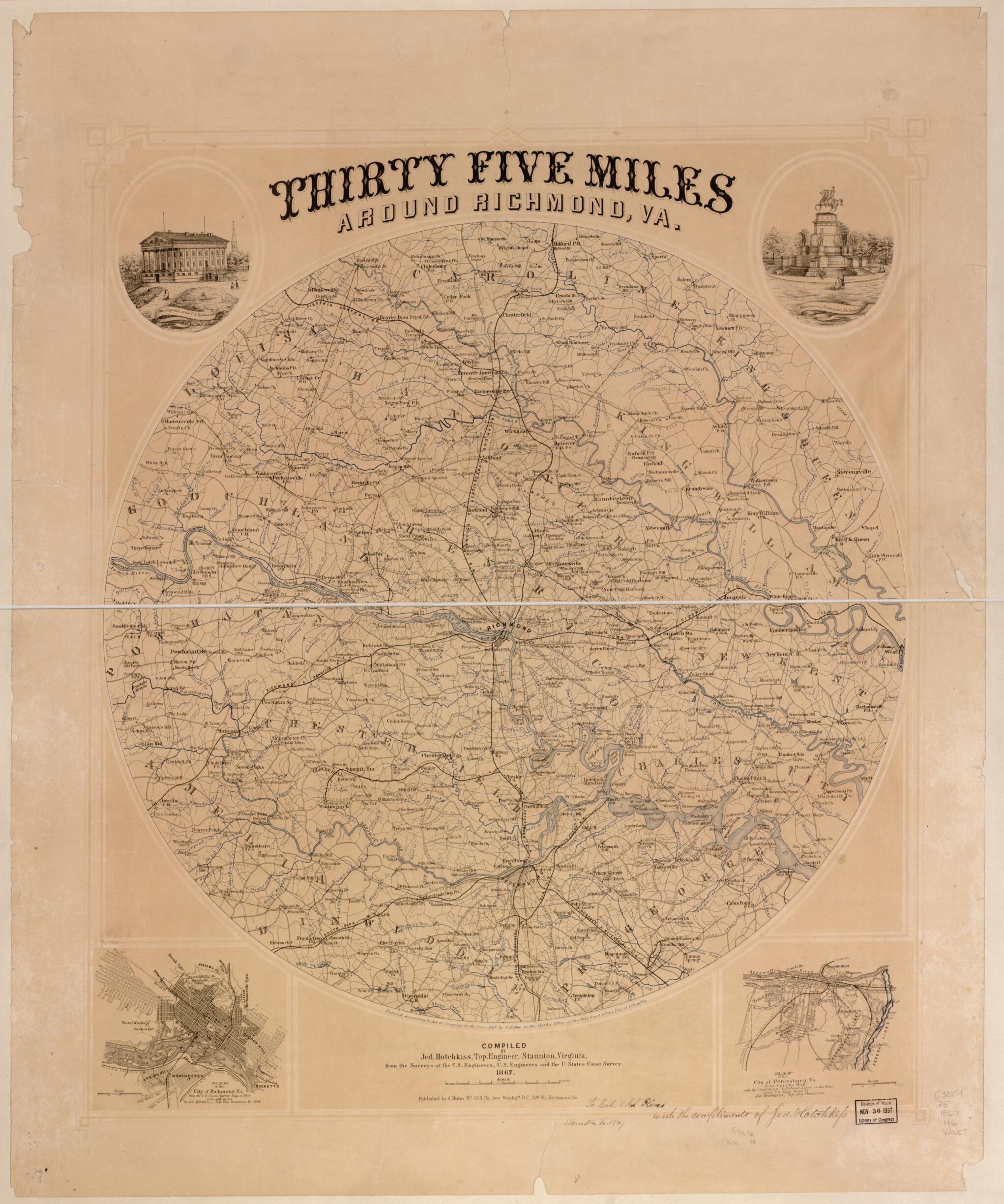 This old map of Thirty Five Miles Around Richmond, Va from 1867 was created by Casimir Bohn, Jedediah Hotchkiss in 1867