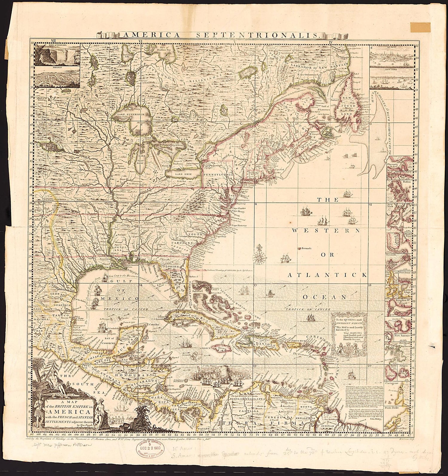 This old map of A Map of the British Empire In America With the French and Spanish Settlements Adjacent Thereto (America Septentrionalis) from 1733 was created by Samuel Harding, Henry Popple, W. H. (William Henry) Toms in 1733