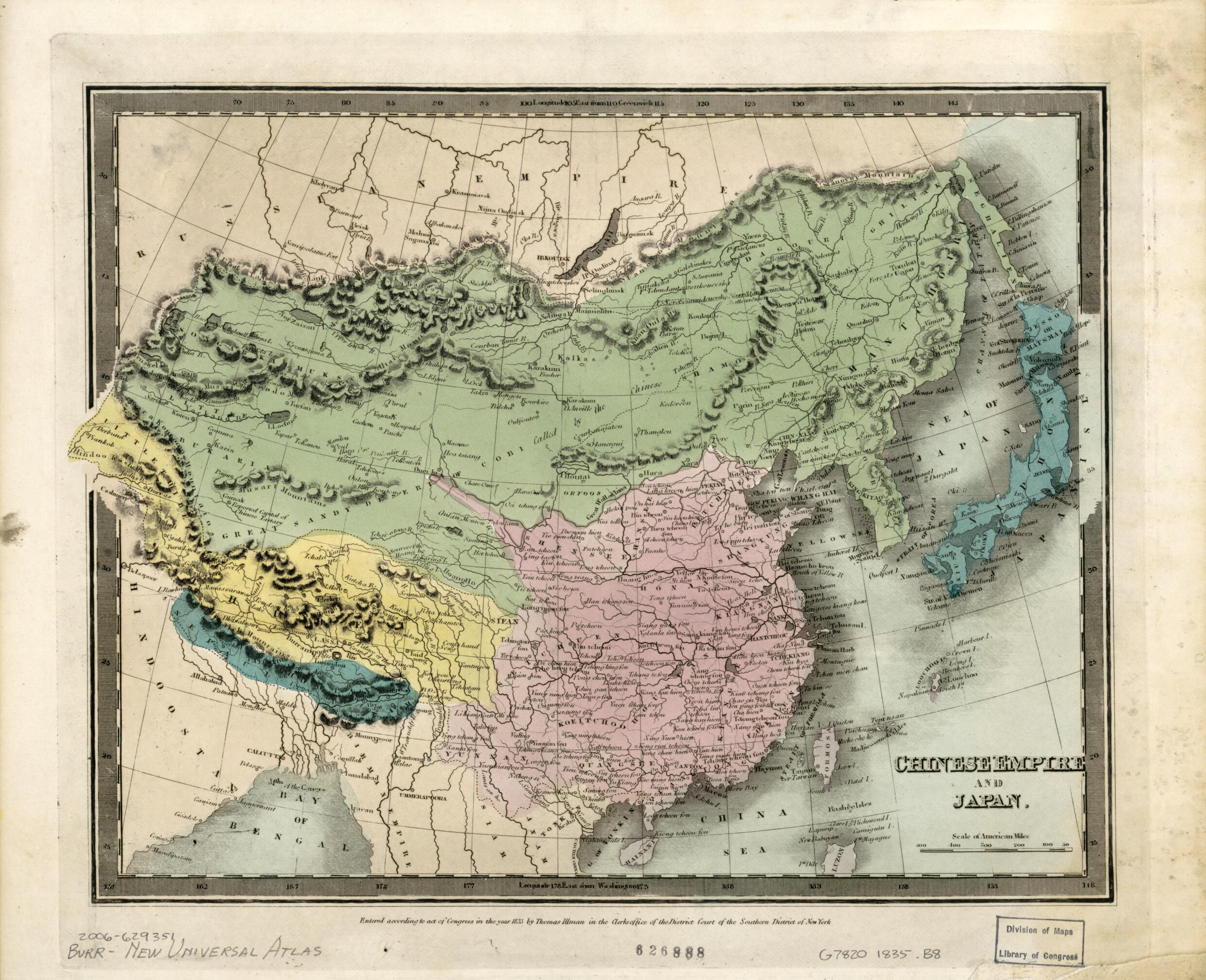 This old map of Chinese Empire and Japan from 1835 was created by David H. Burr, Thomas Illman in 1835