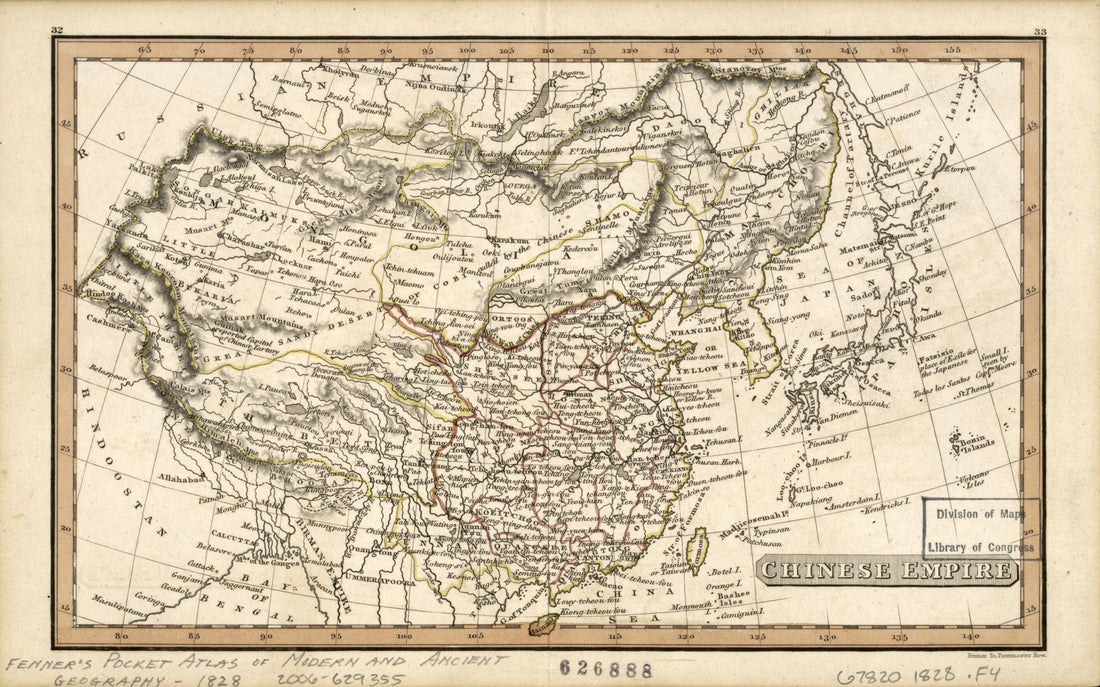This old map of Chinese Empire from 1828 was created by Rest Fenner in 1828