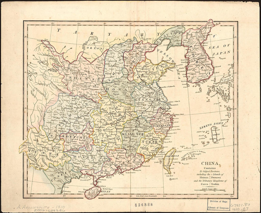 This old map of China, Contains 15 Subject Provinces, Including the Islands of Hainan, Formosa, and the Tributary Kingdoms of Corea, Tonkin. (China, Contains Fifteen Subject Provinces, Including the Islands of Hainan, Formosa, and the Tributary Kingdoms 