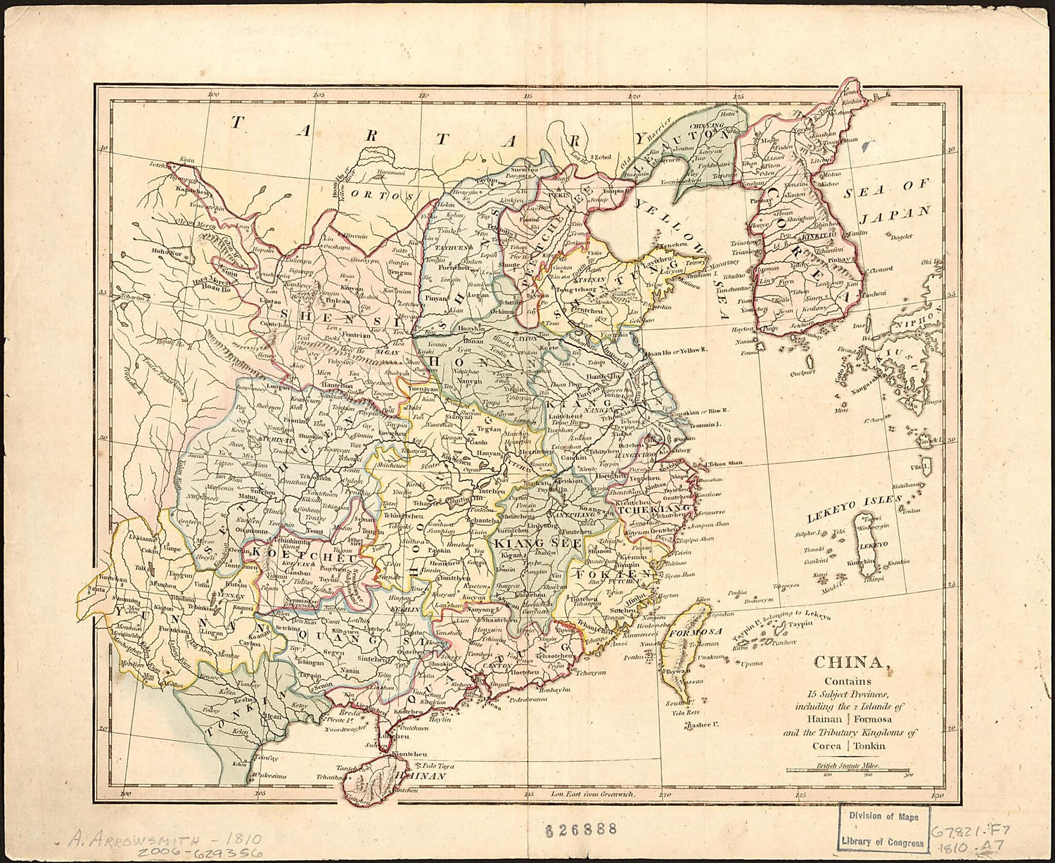 This old map of China, Contains 15 Subject Provinces, Including the Islands of Hainan, Formosa, and the Tributary Kingdoms of Corea, Tonkin. (China, Contains Fifteen Subject Provinces, Including the Islands of Hainan, Formosa, and the Tributary Kingdoms 