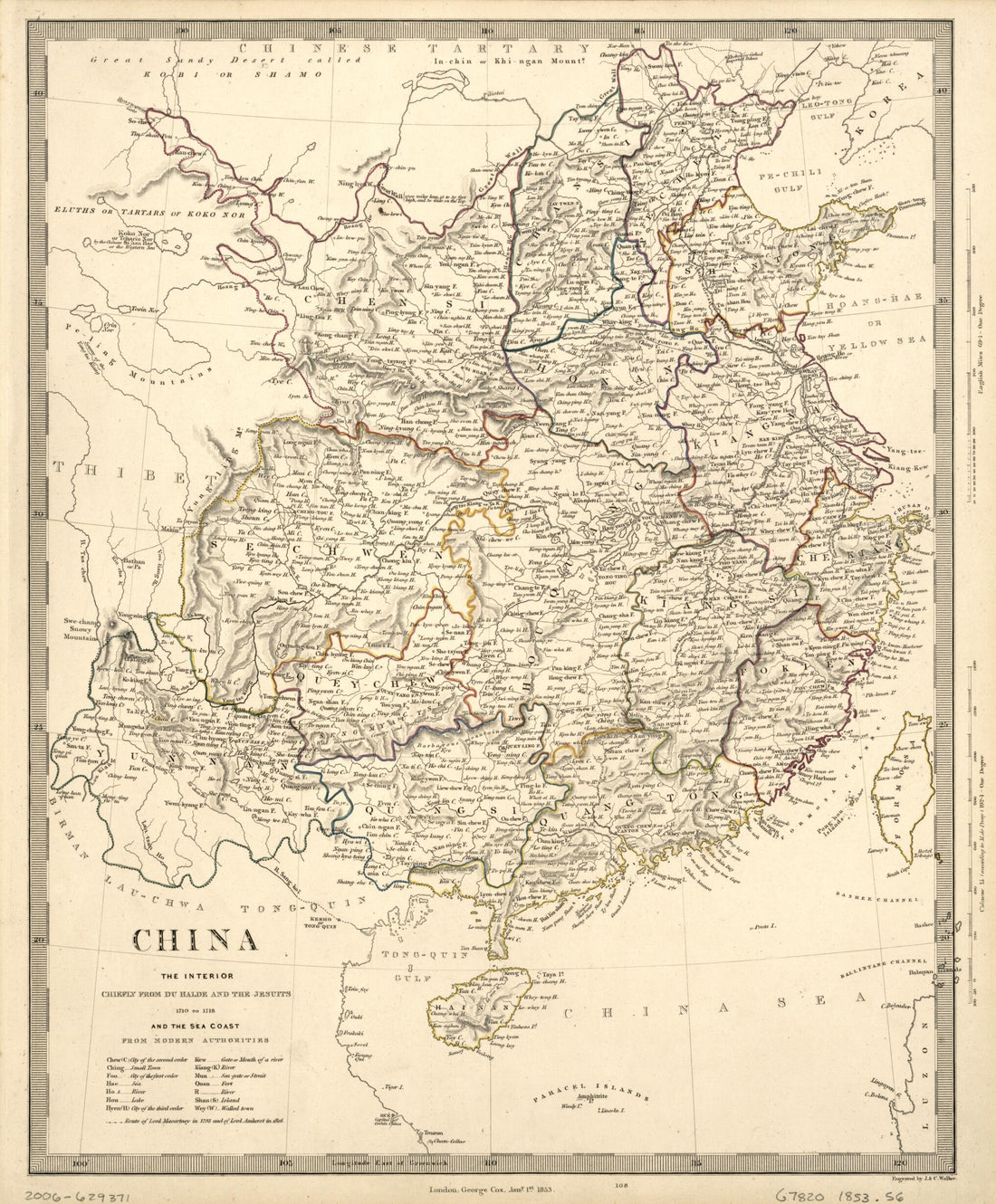 This old map of China : the Interior, Chiefly from Du Halde and the Jesuits 1710 to 1718, and the Sea Coast from Modern Authorities from 1853 was created by  B. (Jean-Baptiste),  J. &amp; C. Walker (Firm),  Society for the Diffusion of Useful Knowledge (Grea