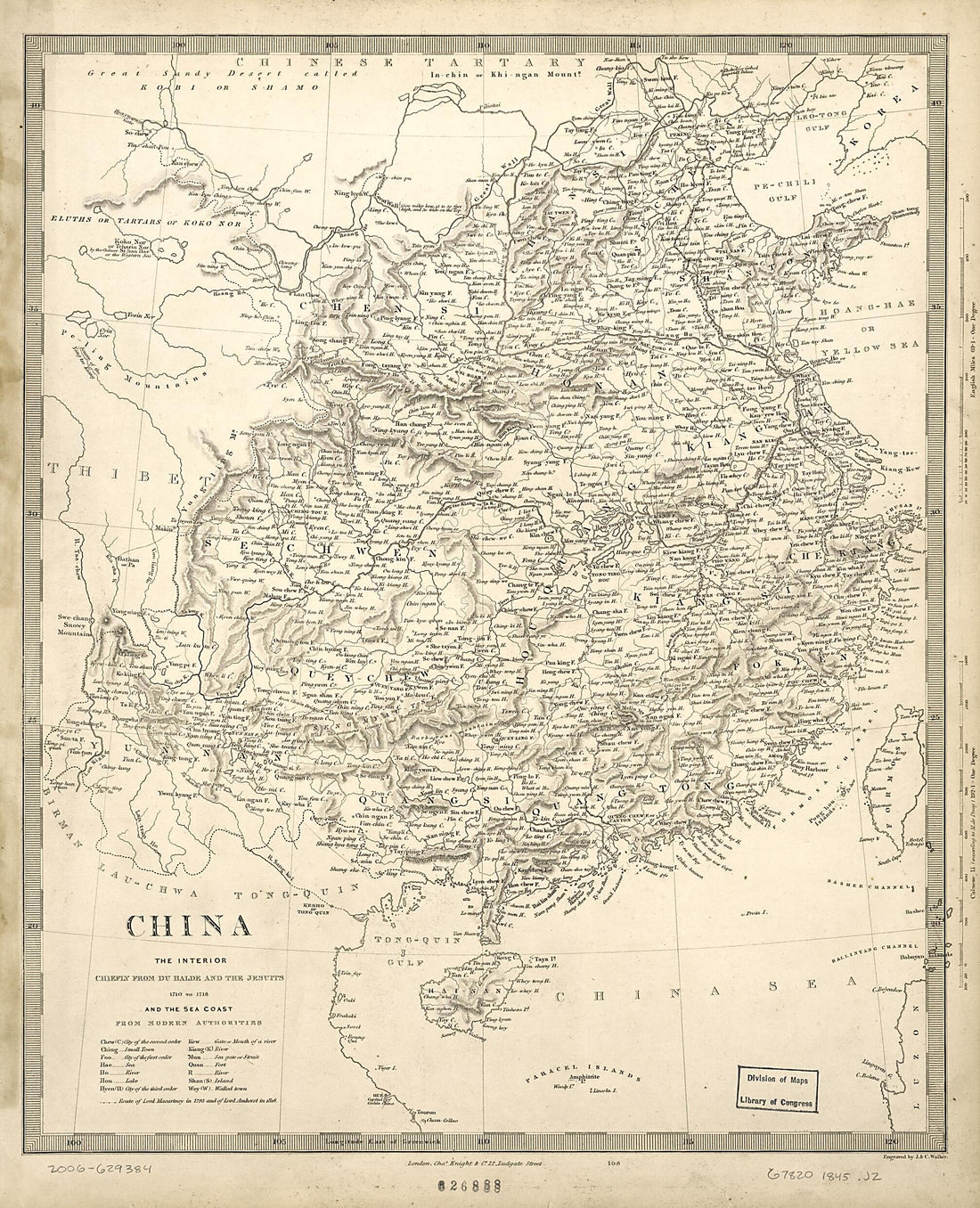 This old map of China : the Interior, Chiefly from Du Halde and the Jesuits, 1710 to 1718, and the Sea Coast from Modern Authorities from 1845 was created by  B. (Jean-Baptiste),  J. &amp; C. Walker (Firm) in 1845