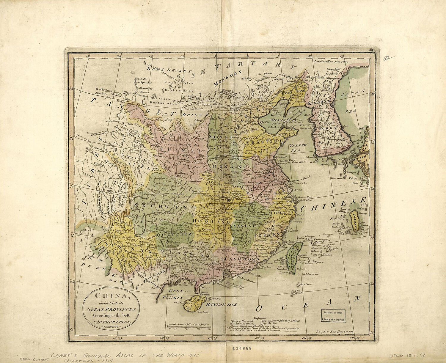This old map of China Divided Into Its Great Provinces According to the Best Authorities from 1814 was created by Mathew Carey in 1814