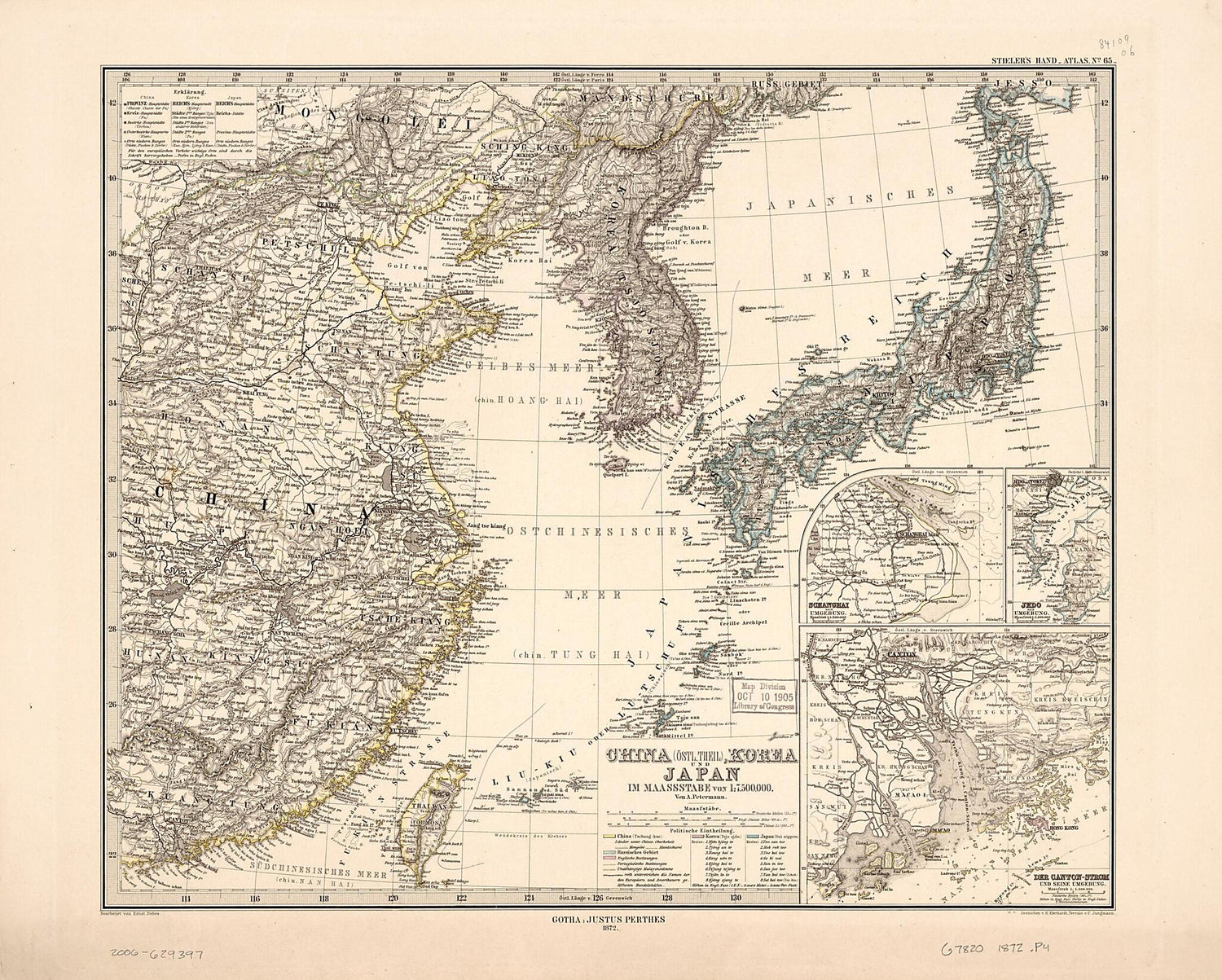 This old map of China (östl. Theil), Korea Und Japan Im Massstab 1:7.500.000 (China (östlicheTheil), Korea Und Japan Im Massstab 1:7.500.000) from 1872 was created by E. (Ernst) Debes, A. (August) Petermann in 1872