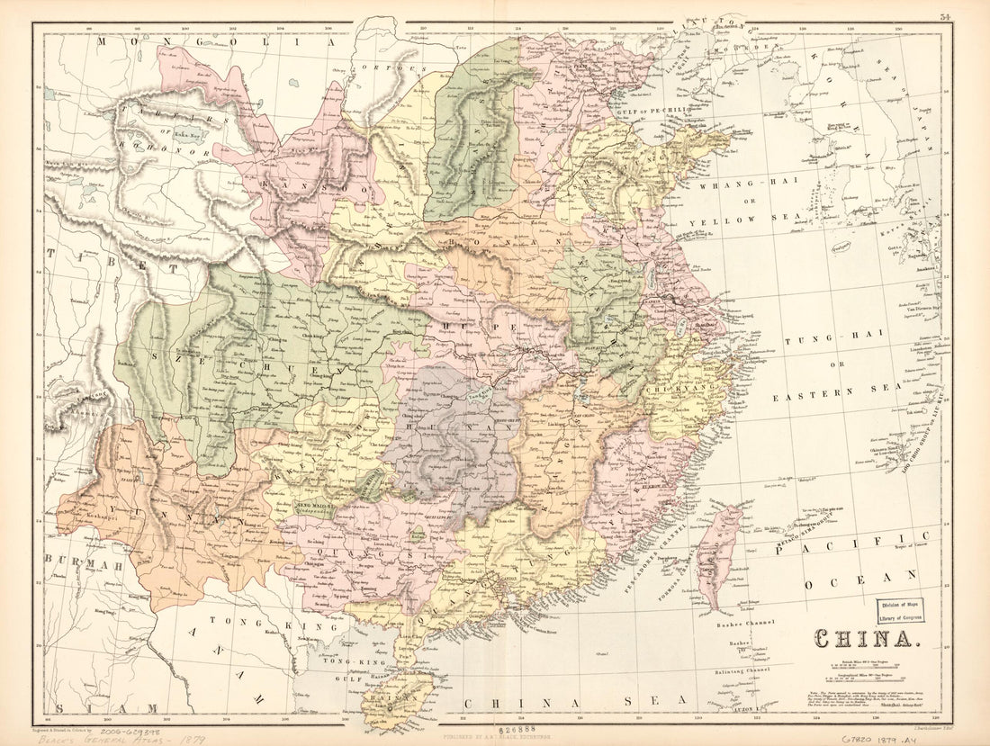 This old map of China from 1879 was created by  Adam and Charles Black (Firm), J. G. (John George) Bartholomew in 1879