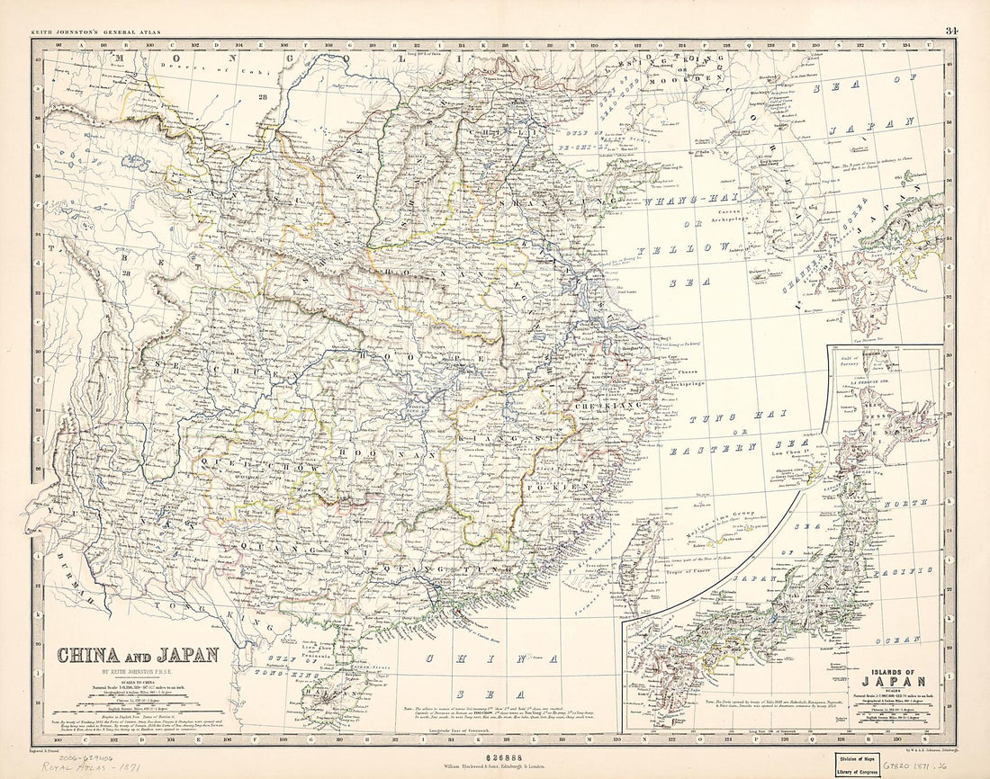 This old map of China and Japan from 1871 was created by Keith Johnston,  W. &amp; A.K. Johnston Limited,  William Blackwood and Sons in 1871