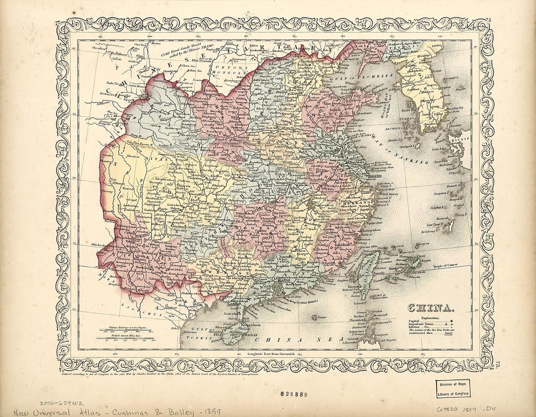 This old map of China from 1859 was created by  Cushings &amp; Bailey, Charles Desilver in 1859