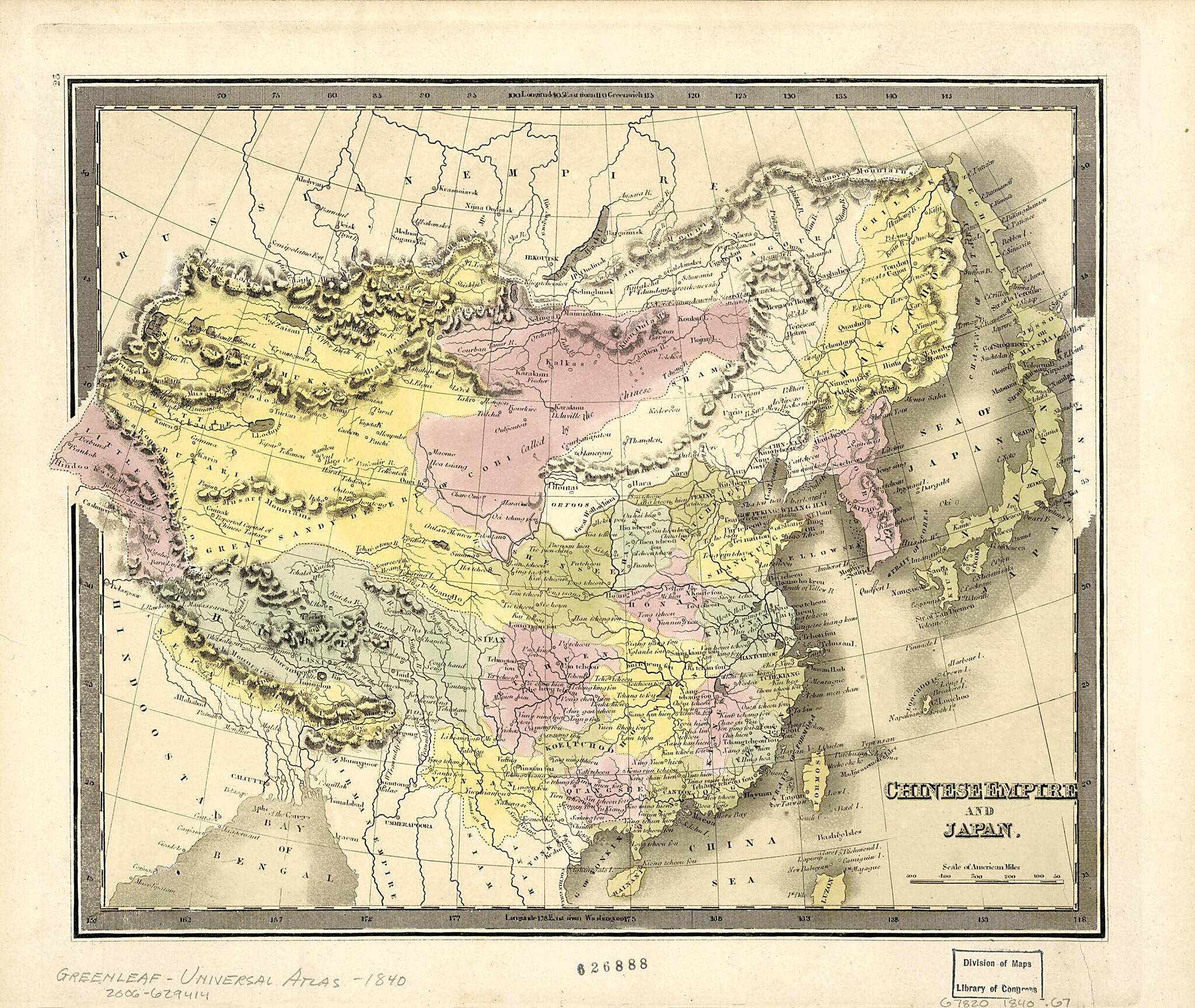 This old map of Chinese Empire and Japan from 1840 was created by J. (Jeremiah) Greenleaf in 1840