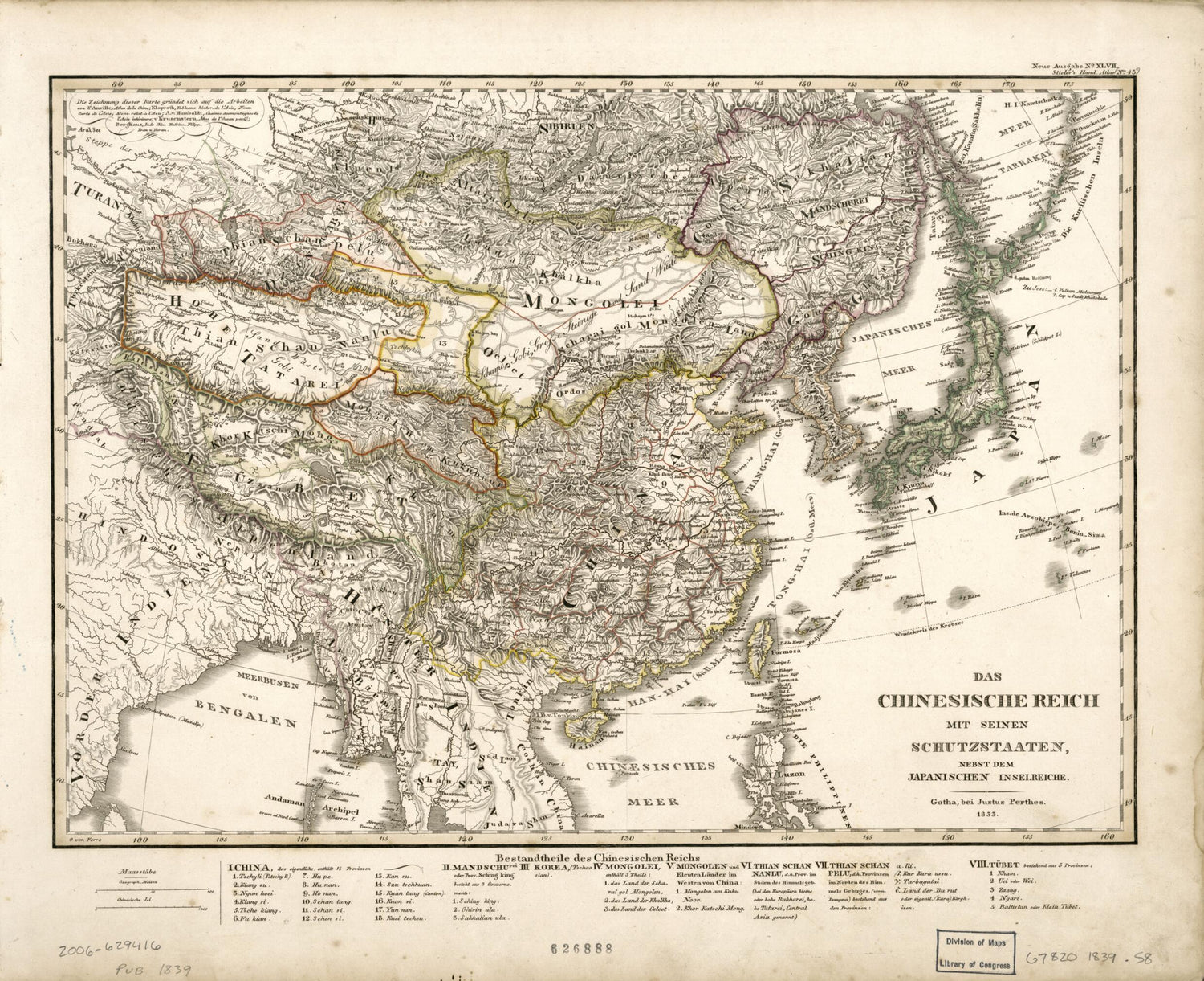 This old map of Das Chinesische Reich Mit Seinen Schutzstaaten, Nebst Dem Japanischen Inselreiche from 1839 was created by Adolf Stieler in 1839