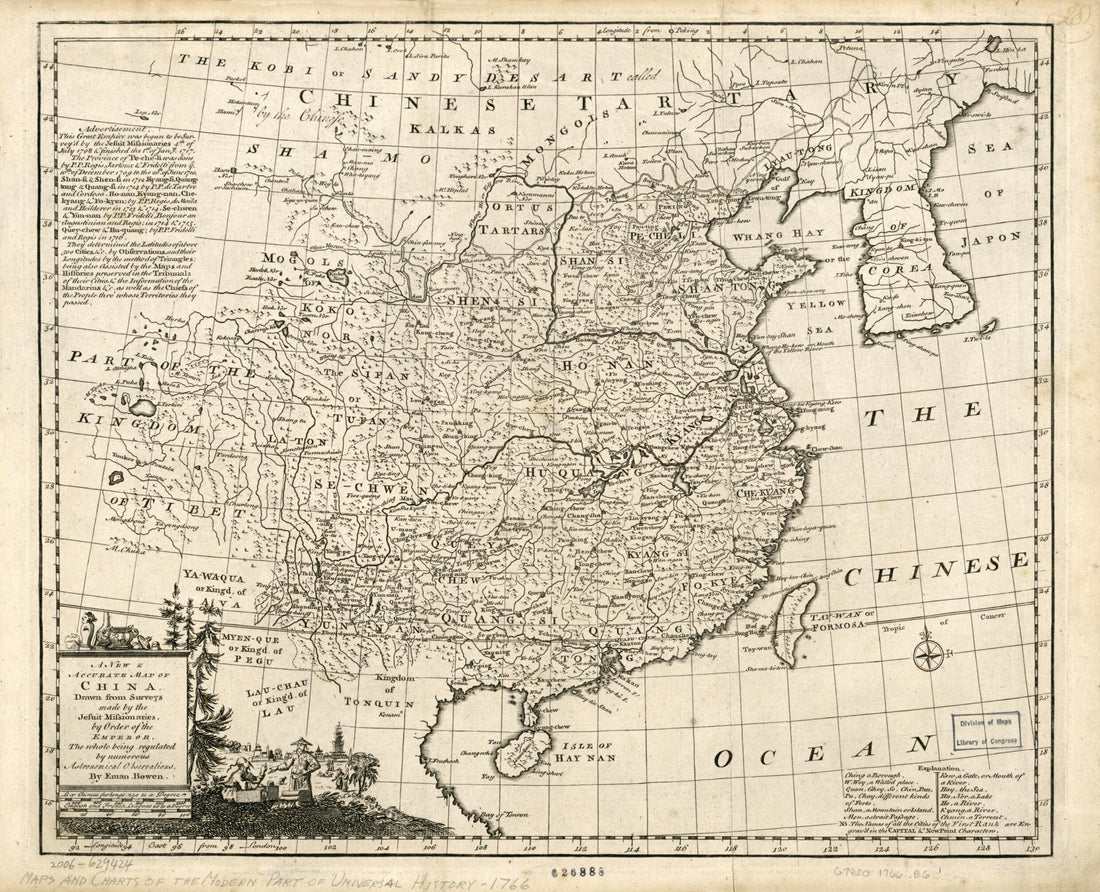 This old map of A New &amp; Accurate Map of China (New and Accurate Map of China) from 1766 was created by Emanuel Bowen in 1766