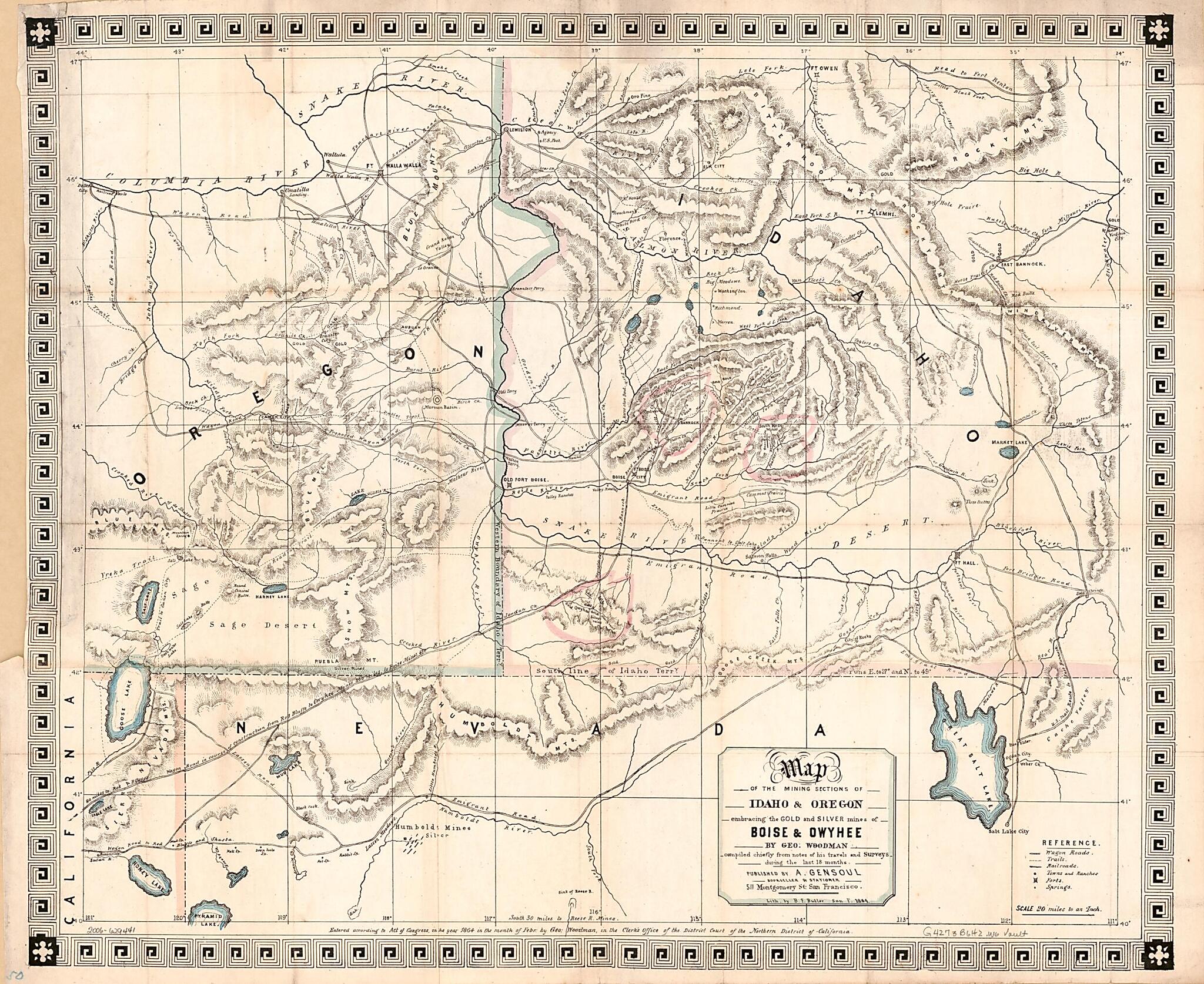 This old map of Map of the Mining Sections of Idaho &amp; Oregon Embracing the Gold and Silver Mines of Boise &amp; Owyhee from 1864 was created by George Woodman in 1864