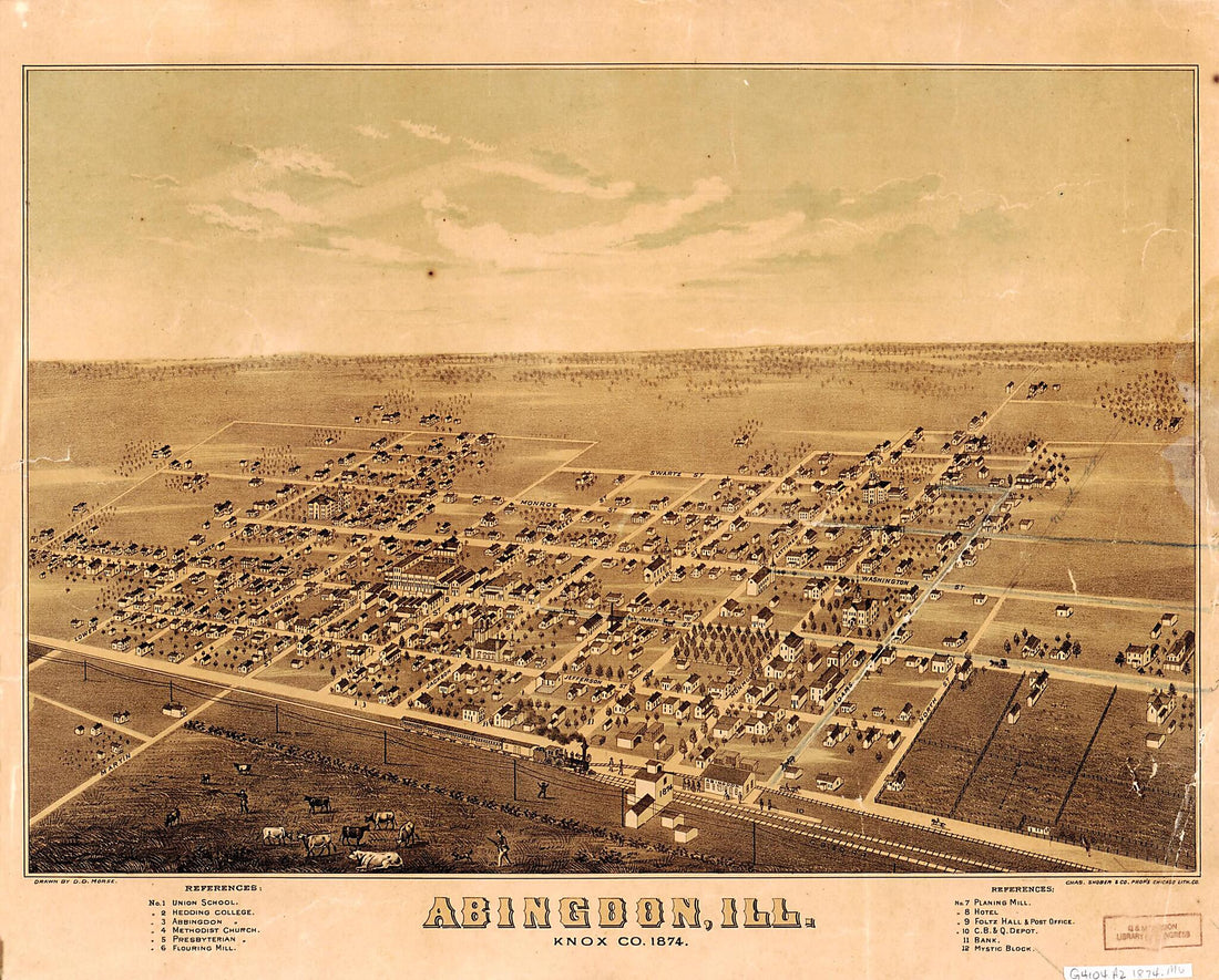 This old map of Abingdon, Ill., Knox County, from 1874 was created by D. D. Morse in 1874