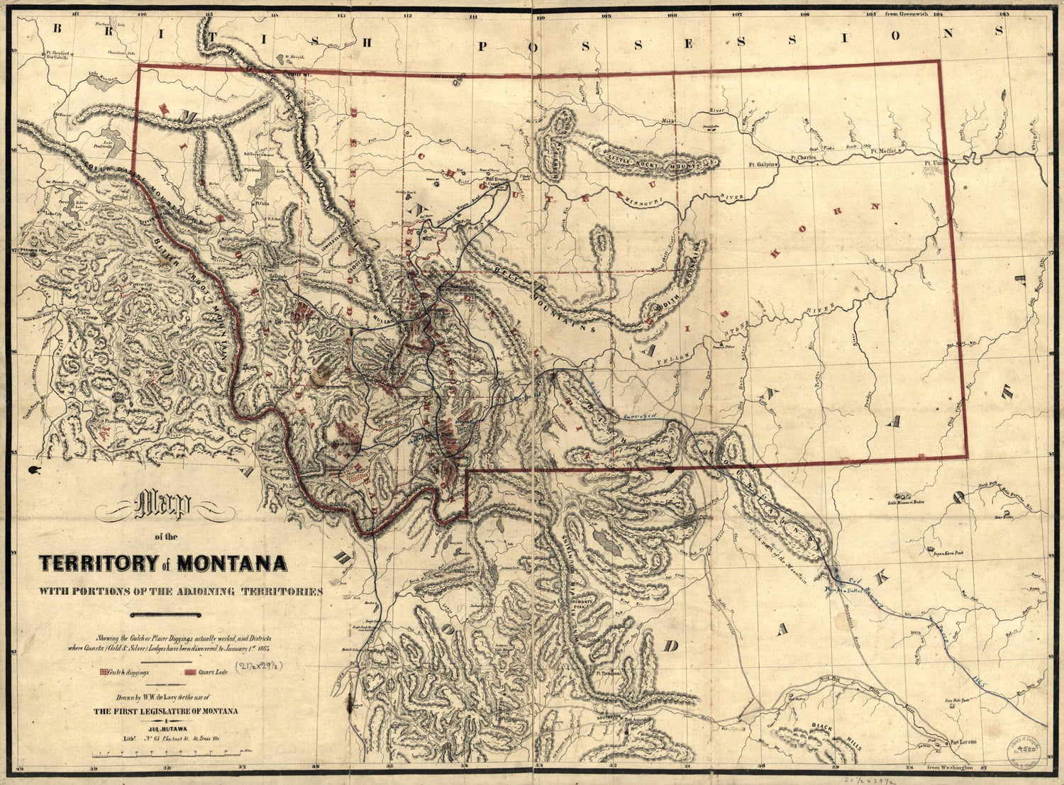 This old map of Map of the Territory of Montana With Portions of the Adjoining Territories : Showing the Gulch Or Placer Diggings Actually Worked and Districts Where Quartz (gold &amp; Silver) Lodges Have Been Discovered to January 1st from 1865 was created by W. W. (Walter Washington) De Lacy in 1865