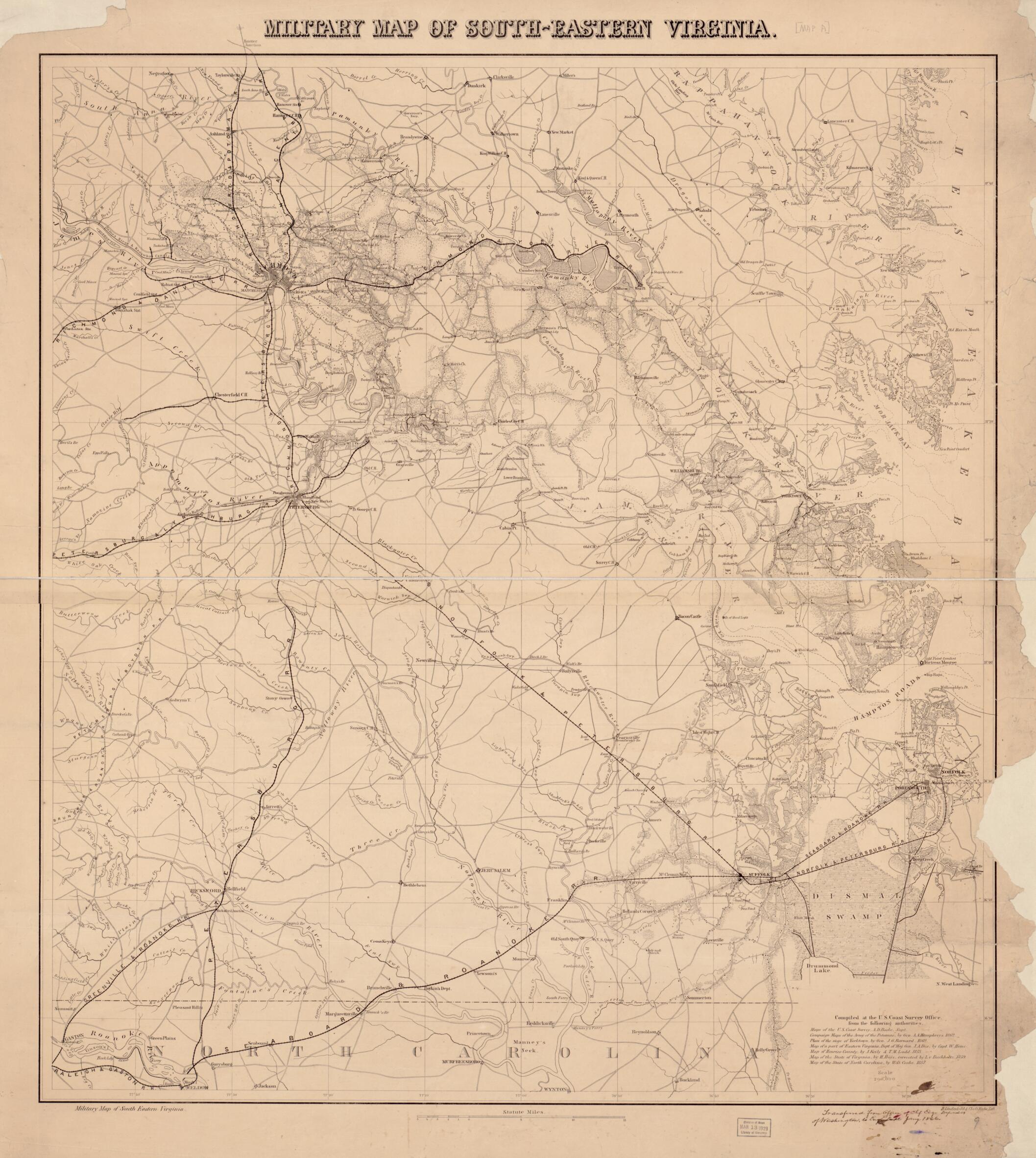 This old map of Eastern Virginia from 1862 was created by Charles G. Krebs, H. (Henry) Lindenkohl,  United States Coast Survey in 1862