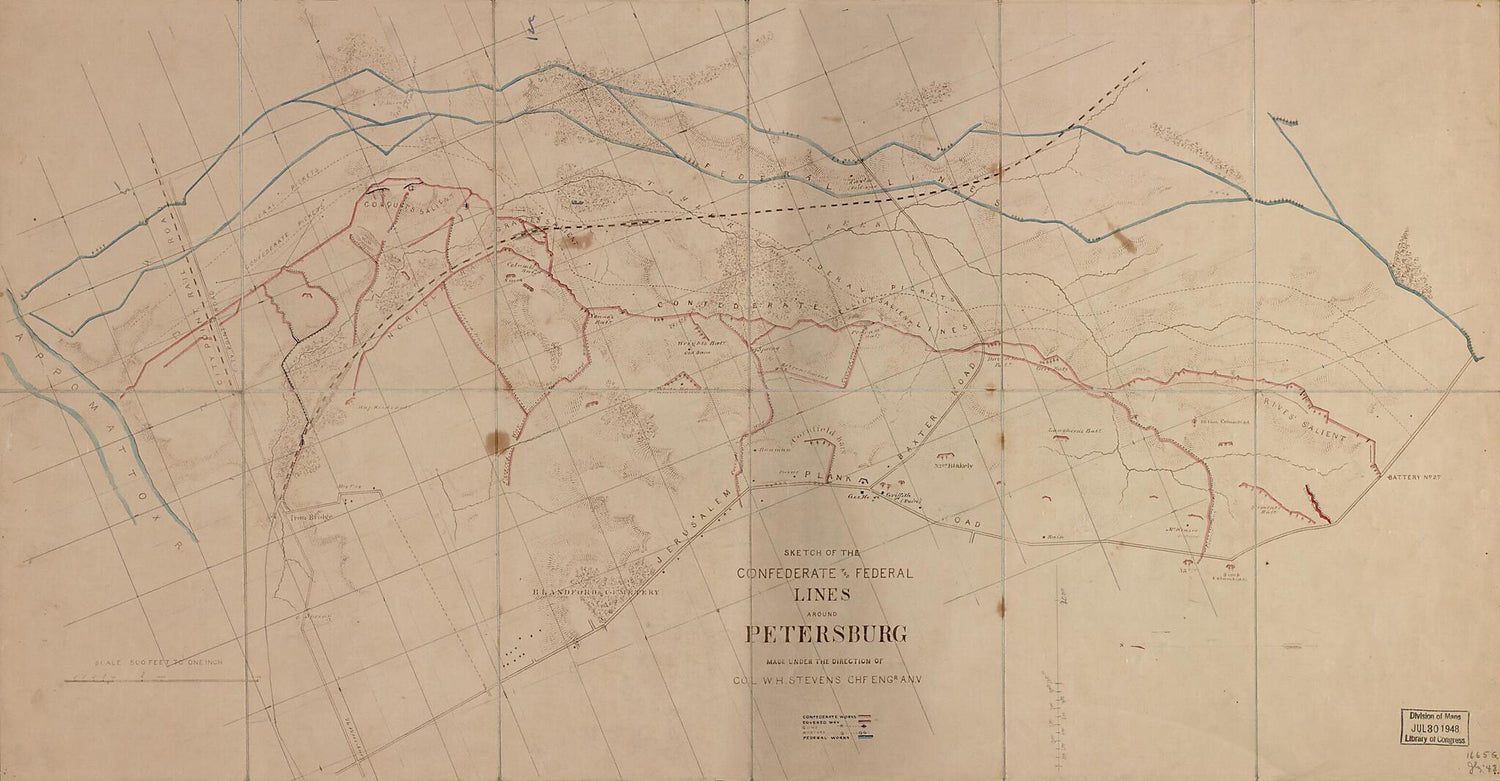 This old map of Sketch of the Confederate and Federal Lines Around Petersburg from 1860 was created by W. H. (Walter H.) Stevens in 1860