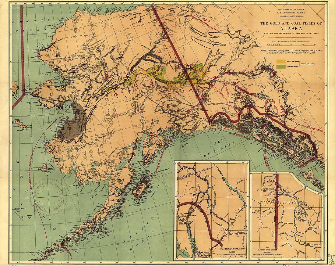 This old map of The Gold and Coal Fields of Alaska : Together With the Principal Steamer Routes and Trails from 1898 was created by  Geological Survey (U.S.) in 1898