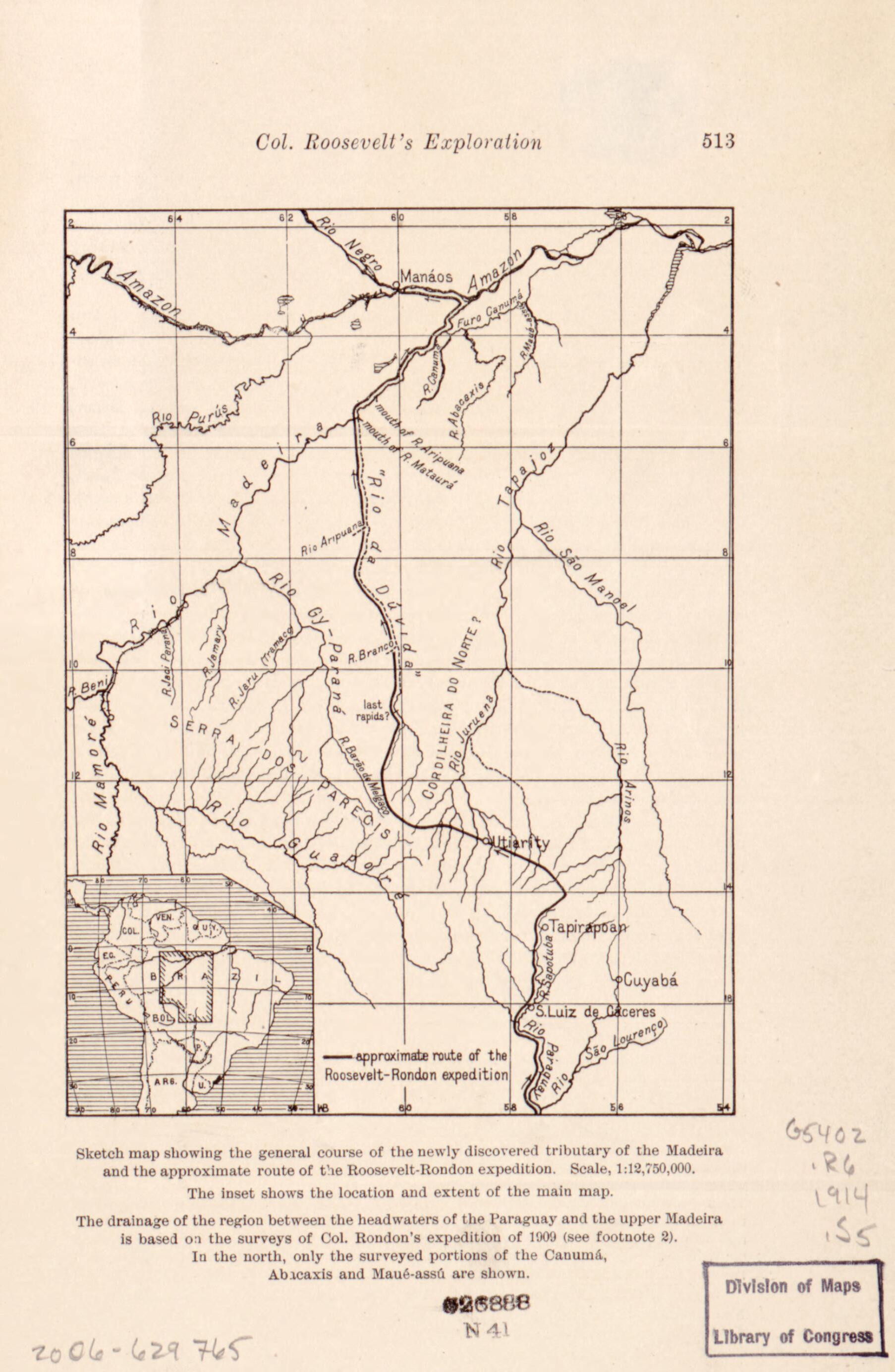 Rondon Expedition. (Col. Roosevelt's Exploration) from 1914 Old Map ...