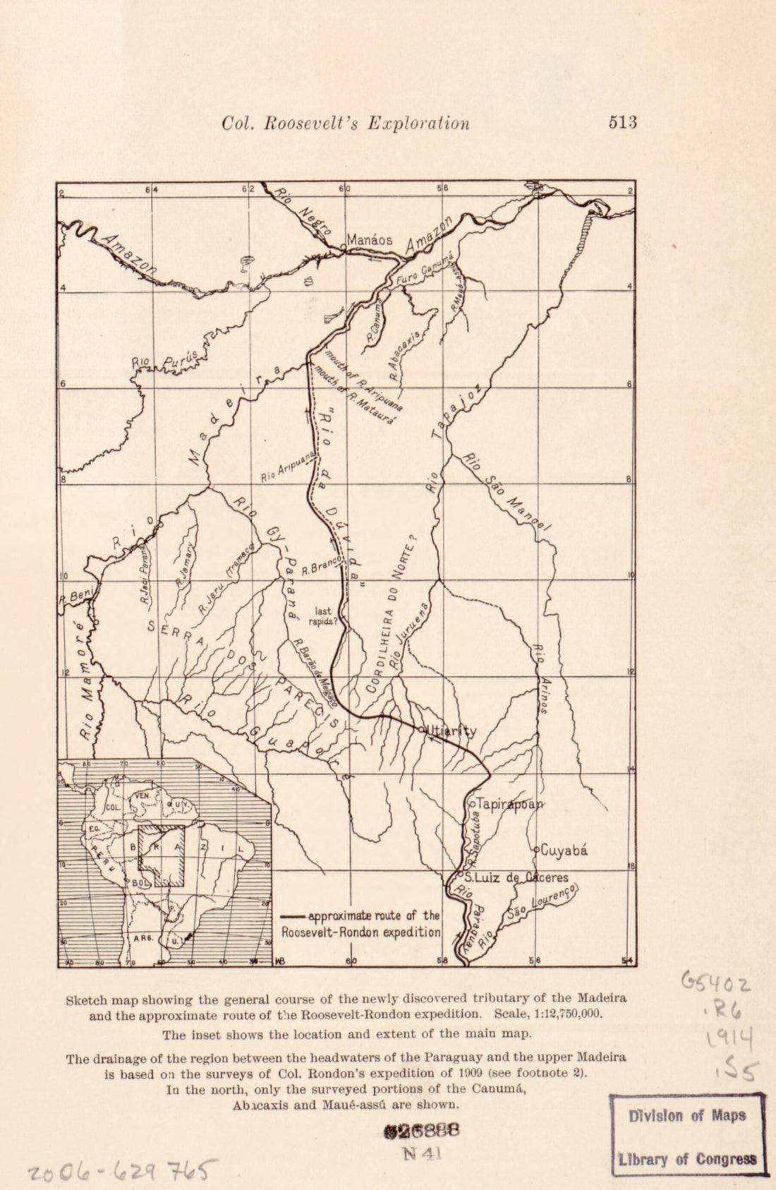 This old map of Rondon Expedition. (Col. Roosevelt&