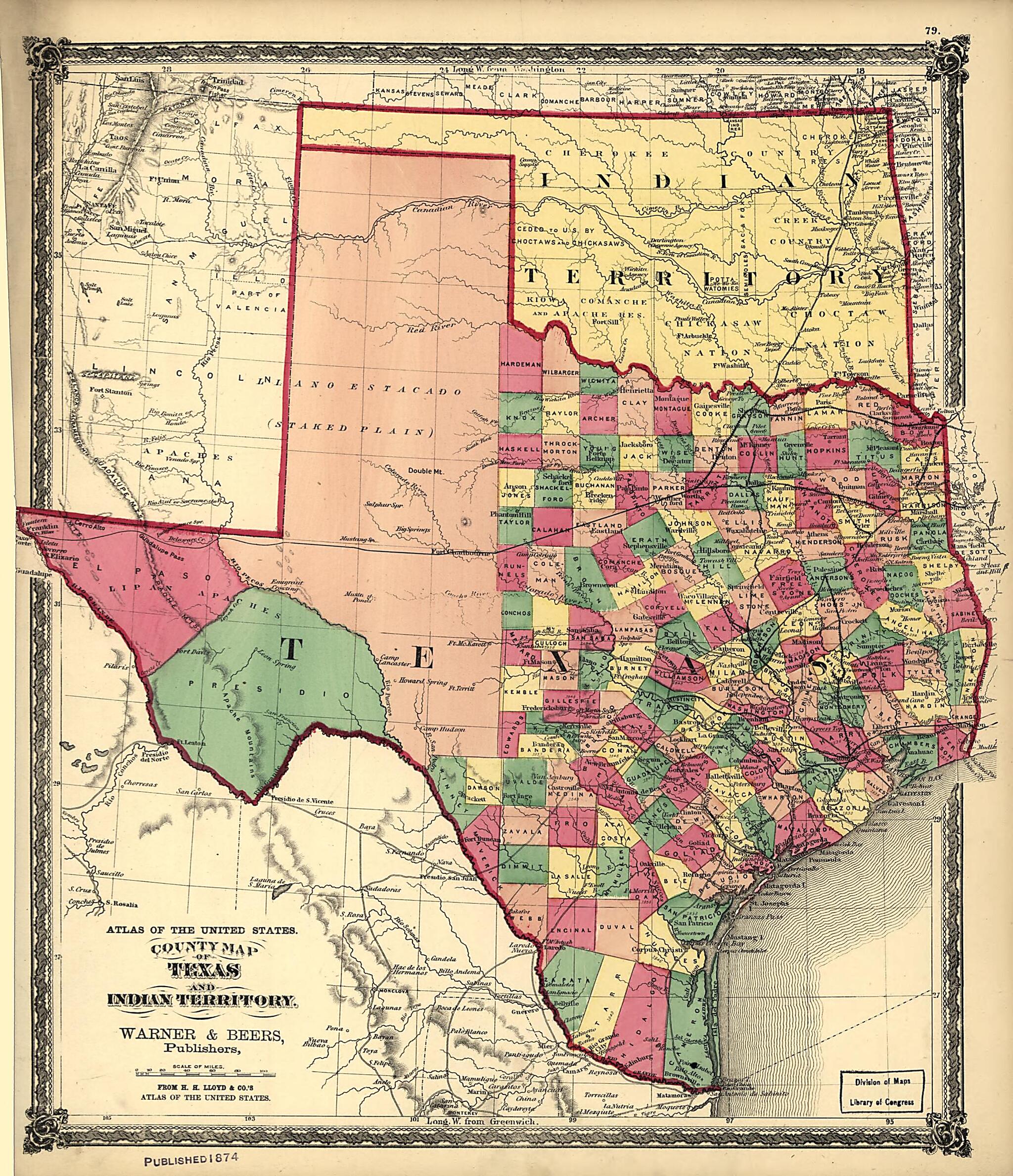 This old map of County Map of Texas, and Indian Territory from 1875 was created by  H.H. Lloyd &amp; Co,  Warner &amp; Beers in 1875