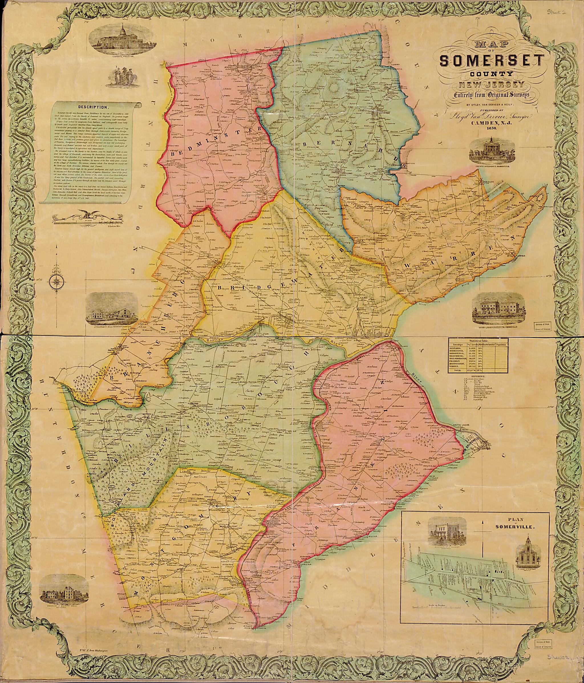 This old map of Map of Somerset County, New Jersey from 1850 was created by James Keily, J. W. Otley, Lloyd Van Derveer in 1850