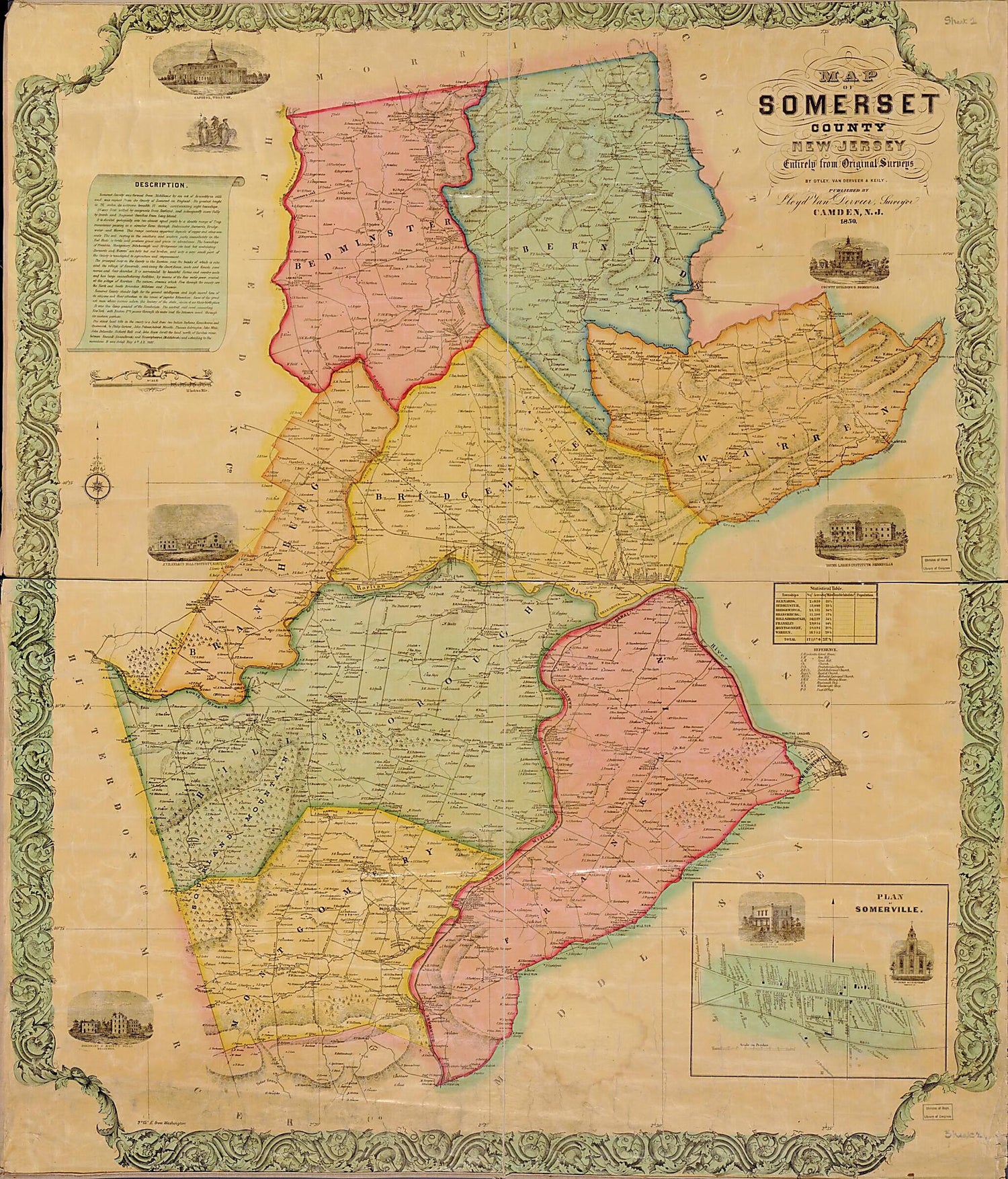 This old map of Map of Somerset County, New Jersey from 1850 was created by James Keily, J. W. Otley, Lloyd Van Derveer in 1850