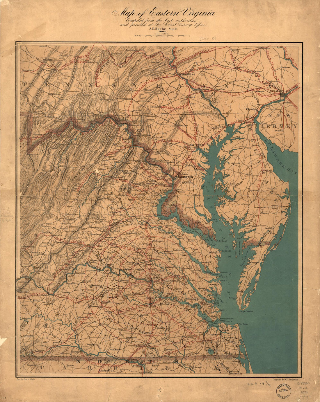 This old map of Map of Eastern Virginia from 1862 was created by W. L. Nicholson in 1862