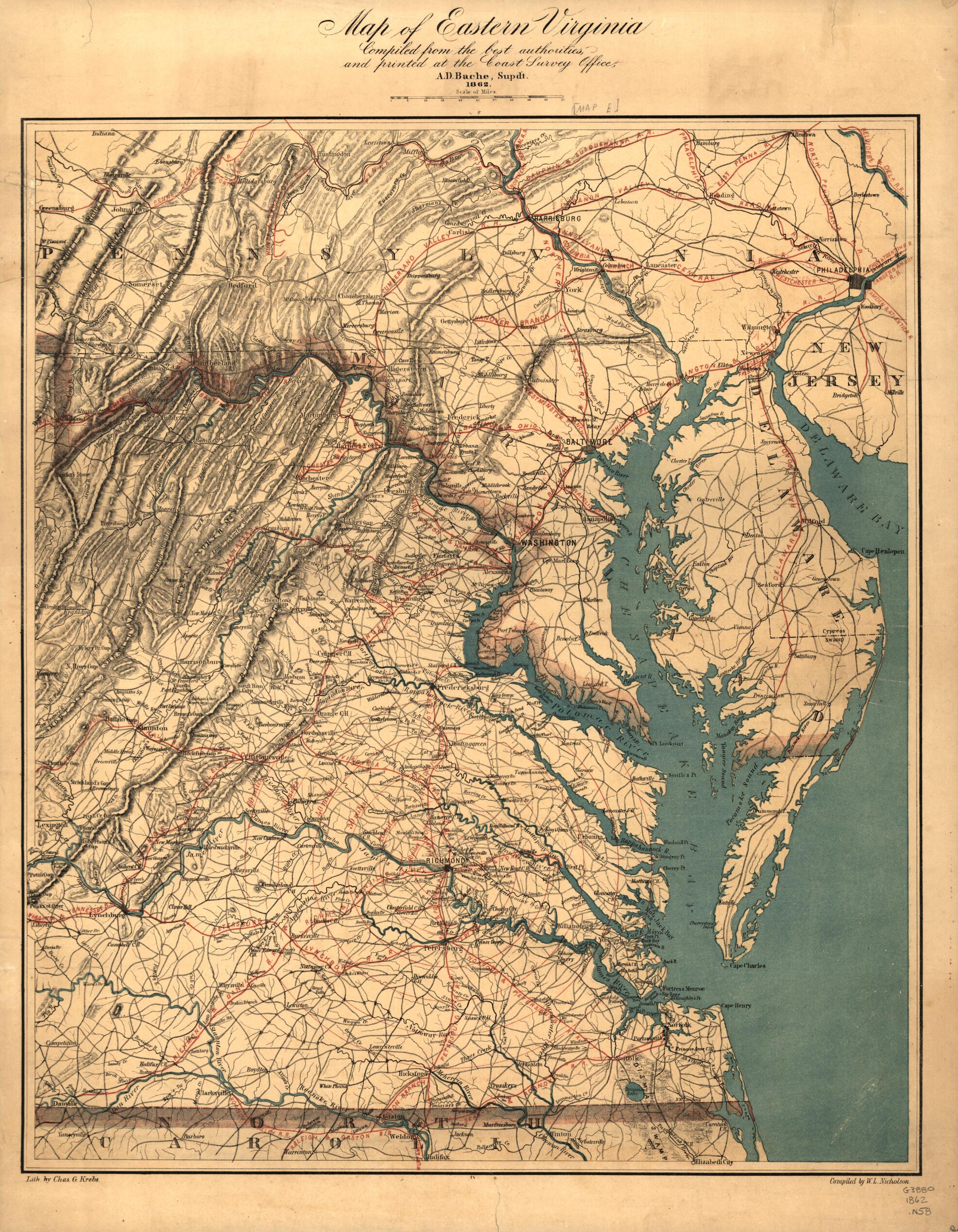 This old map of Map of Eastern Virginia from 1862 was created by W. L. Nicholson in 1862