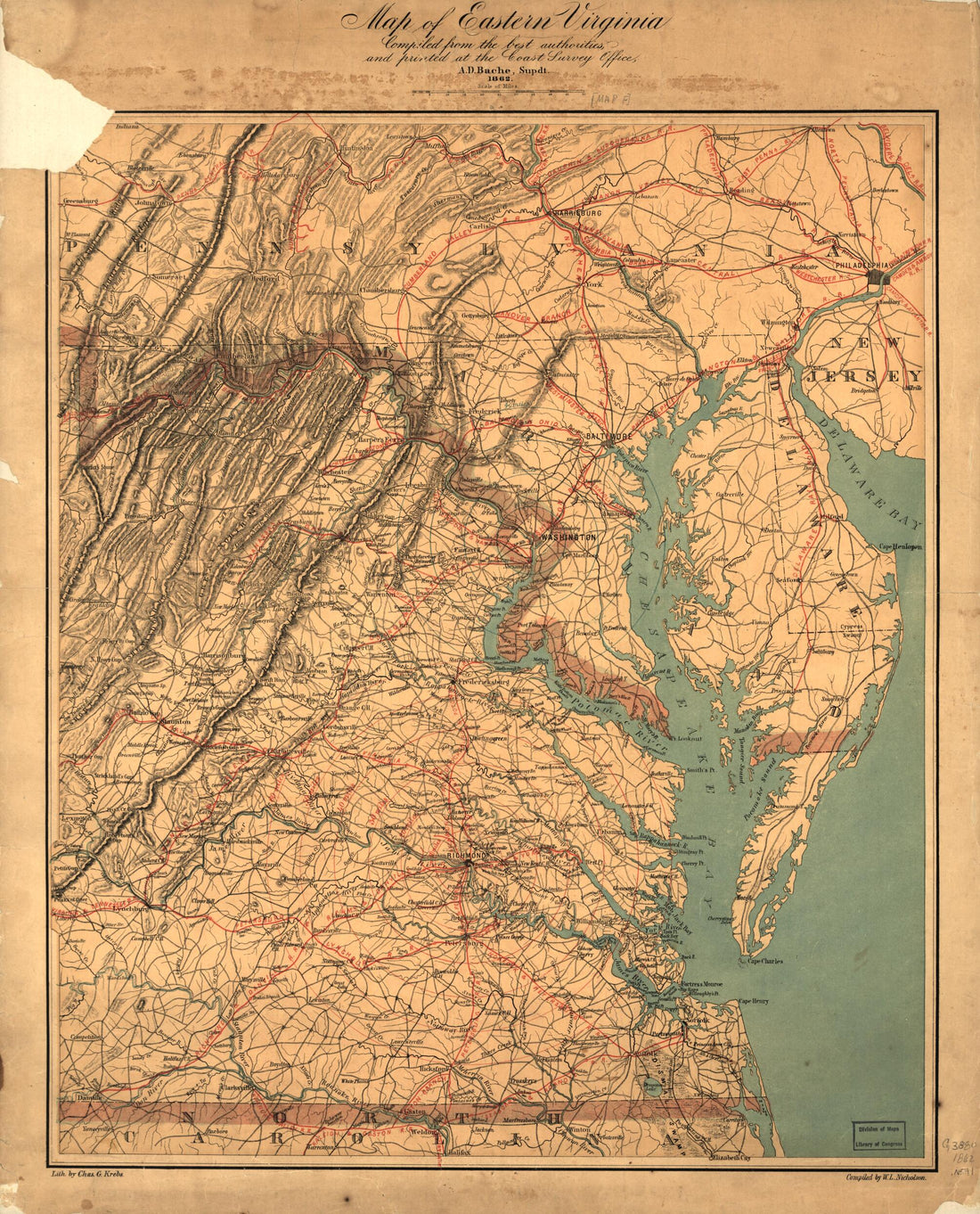 This old map of Map of Eastern Virginia from 1862 was created by W. L. Nicholson in 1862