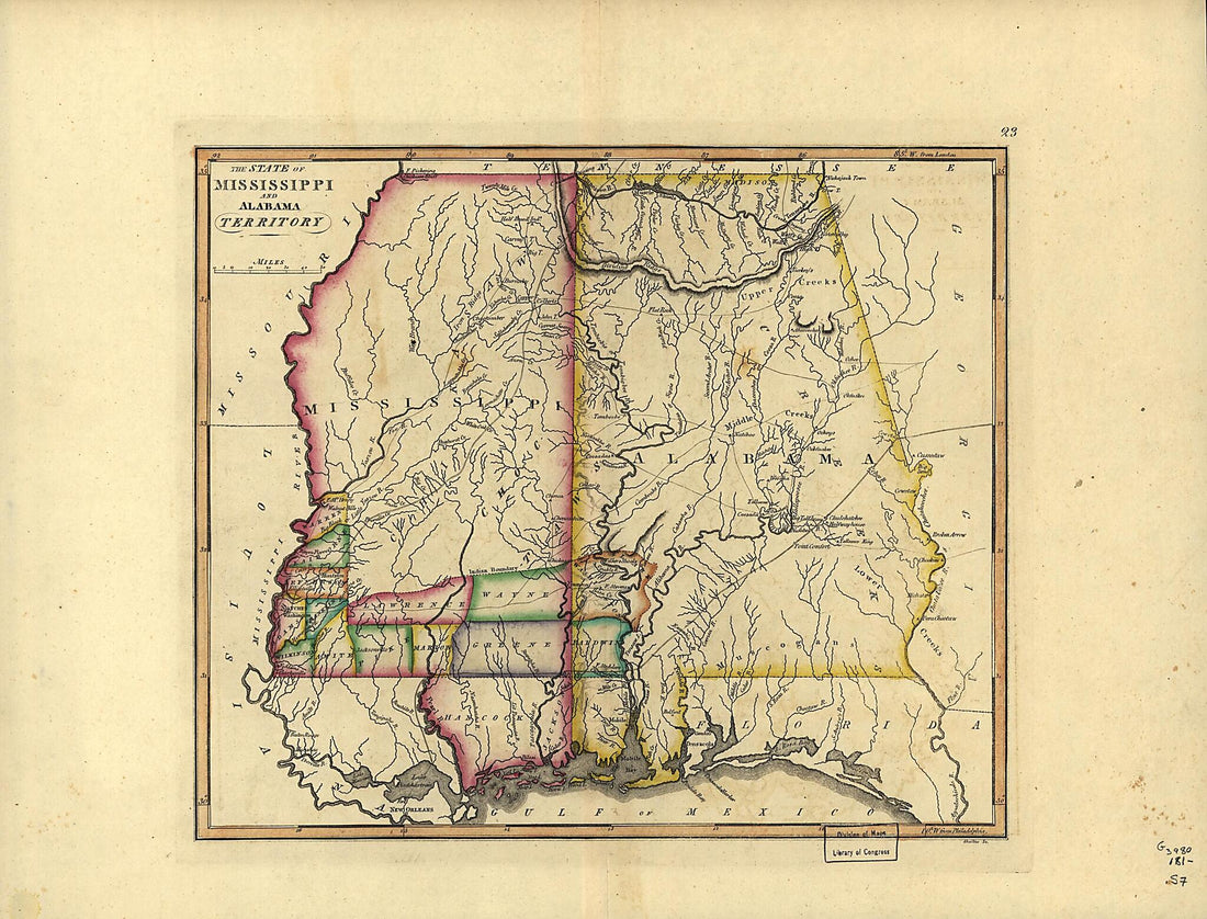 This old map of The State of Mississippi and Alabama Territory from 1810 was created by Francis Shallus in 1810