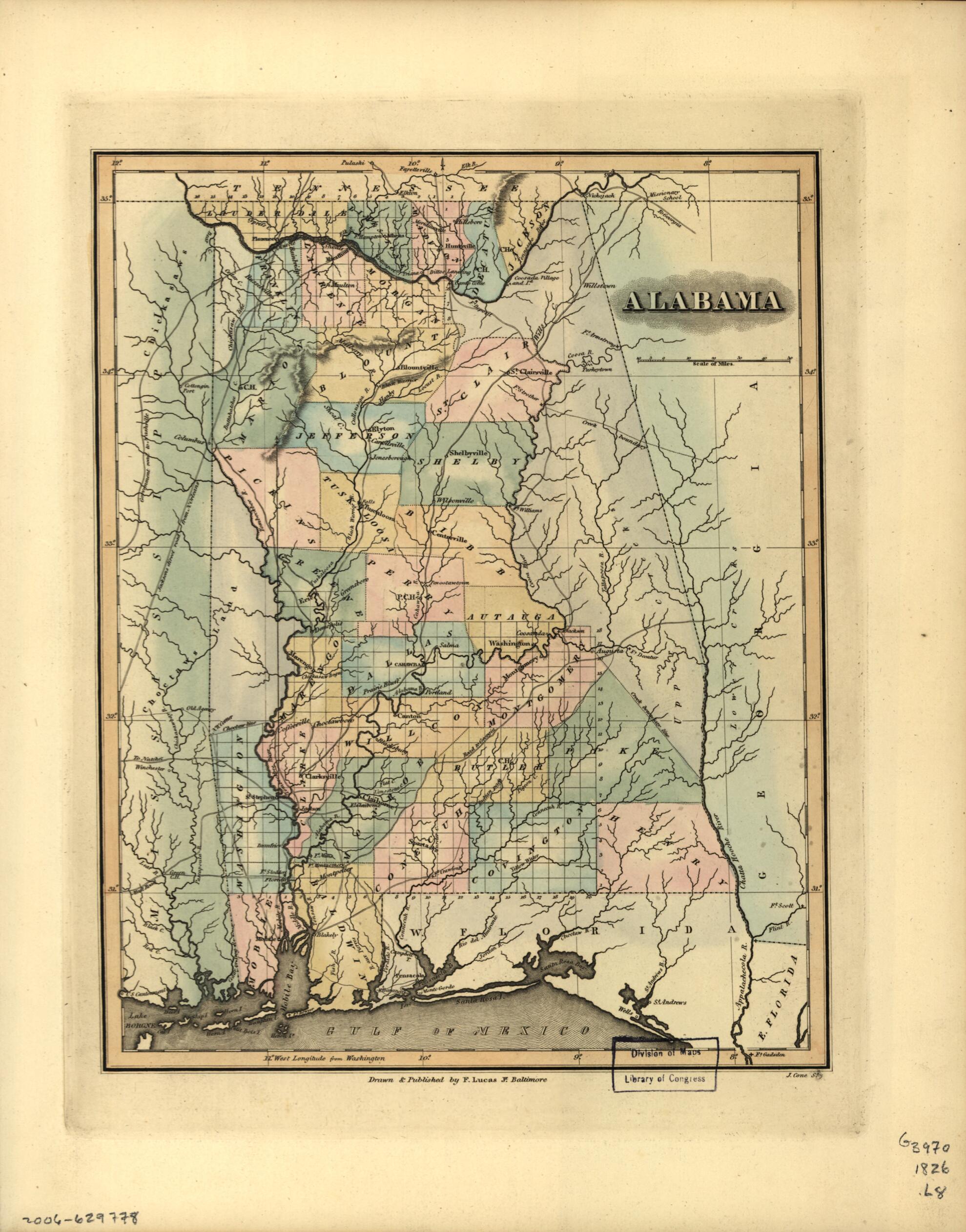 This old map of Alabama from 1826 was created by Fielding Lucas in 1826