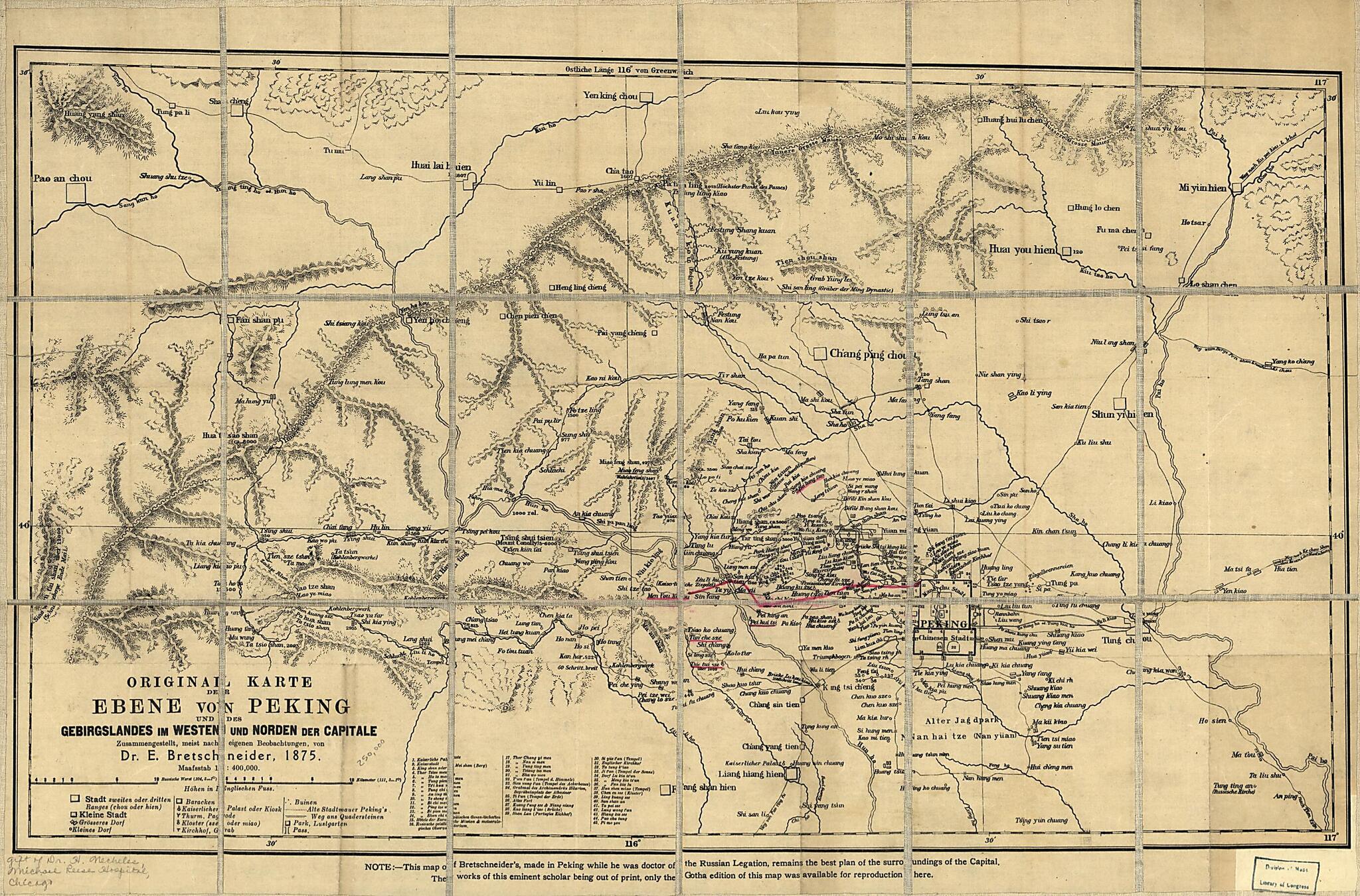 This old map of Original Karte Der Ebene Von Peking Und Des Gebirgslandes Im Westen Und Norden Der Capitale from 1900 was created by E. Bretschneider in 1900