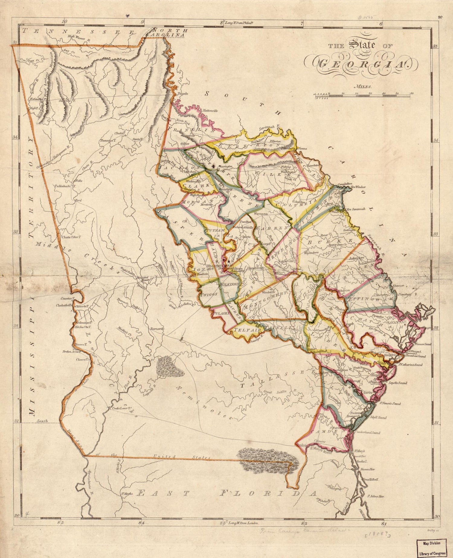 This old map of The State of Georgia from 1818 was created by Mathew Carey, Enoch G. Gridley in 1818