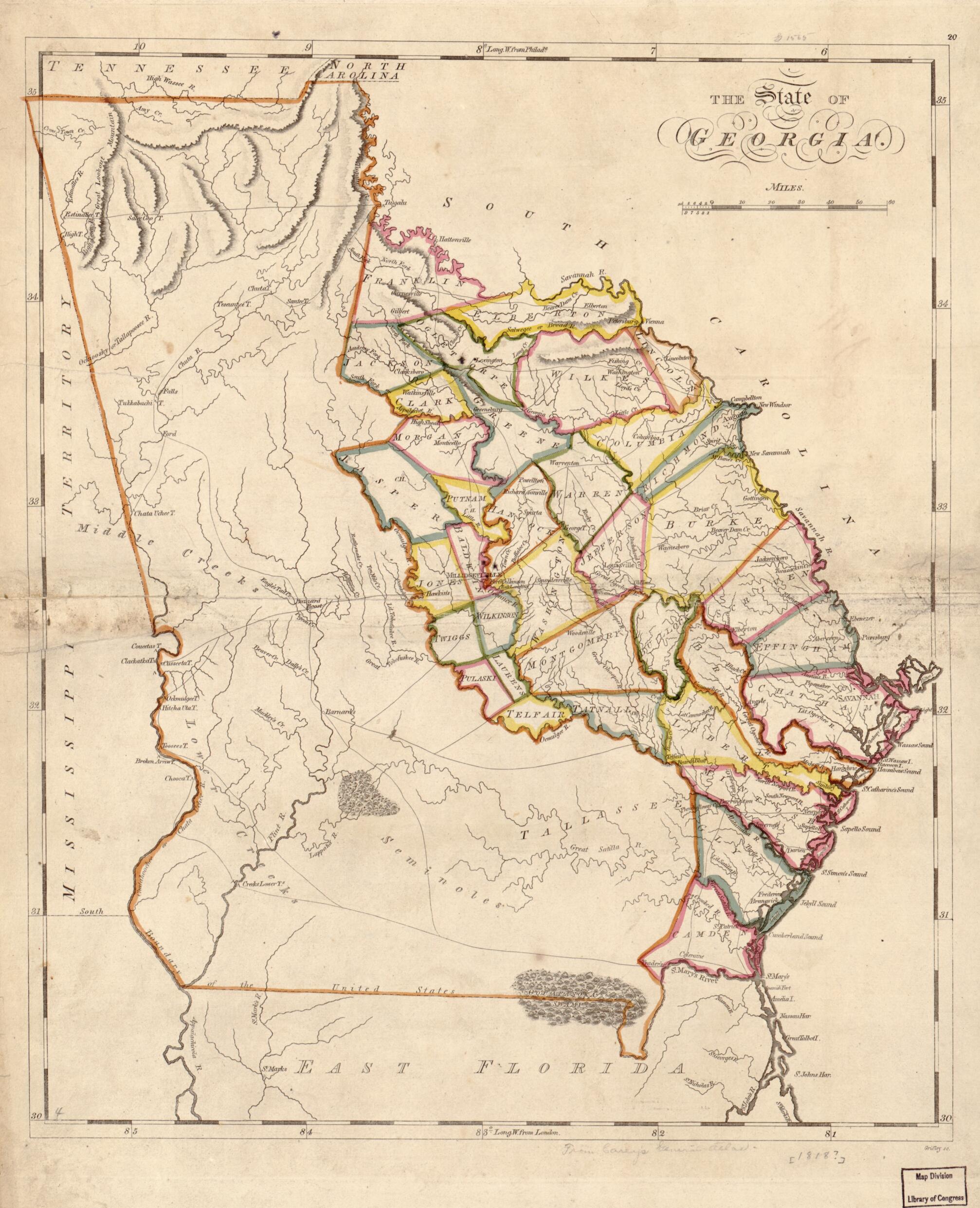 This old map of The State of Georgia from 1818 was created by Mathew Carey, Enoch G. Gridley in 1818