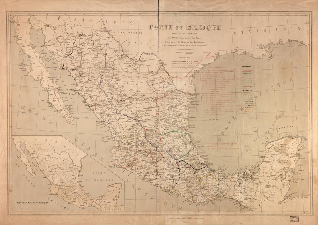 This old map of Carte Du Mexique from 1881 was created by G. (Gustave) Niox,  United States. War Department. Office of the Chief of Engineers in 1881