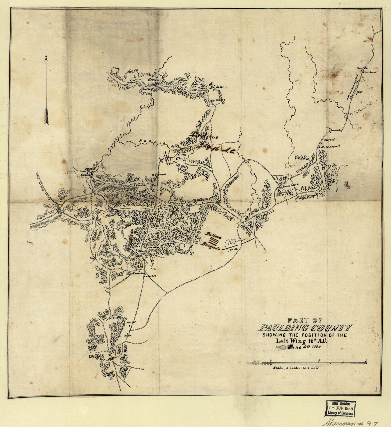 This old map of Part of Paulding County Showing the Position of the Left Wing 16th A.C., June 4th, from 1864 was created by  in 1864