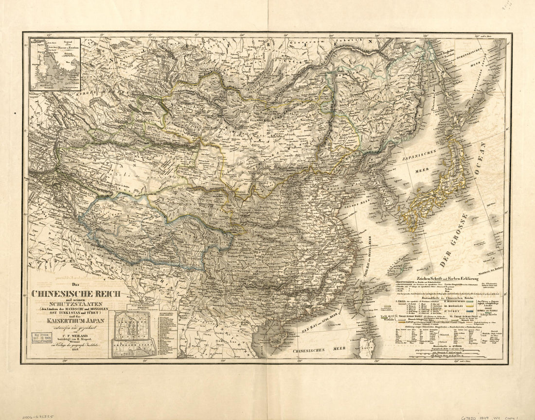 This old map of Das Chinesische Reiche Mit Seinen Schutzstaaten (den Ländern Der Mandschu Und Mongolen, Ost Turkistan Und Tübet) Und Das Kaiserthum Japan from 1849 was created by Thuringia Geographisches Institut (Weimar, Heinrich Kiepert, C. F. (Carl 