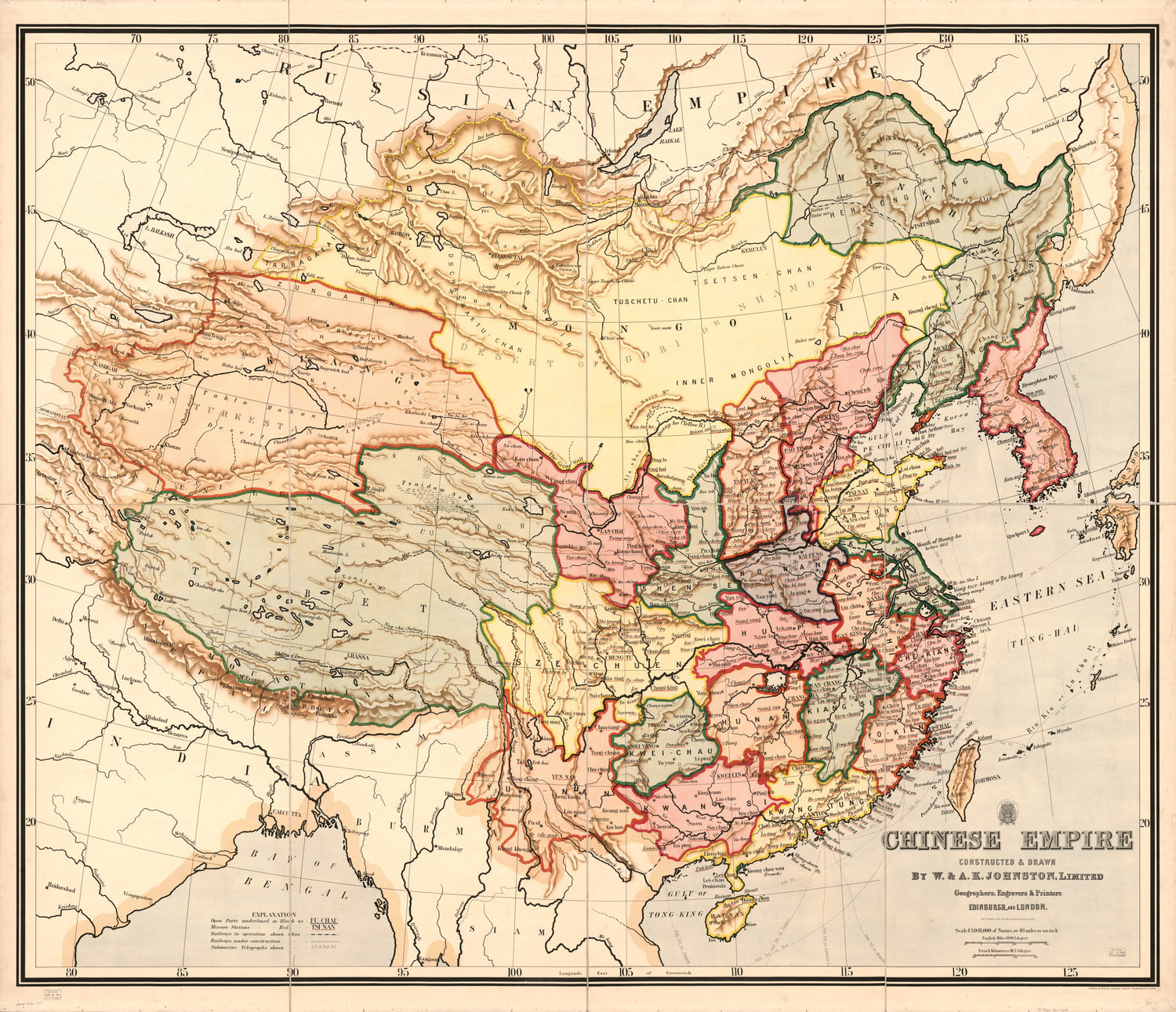 This old map of Chinese Empire from 1900 was created by  W. &amp; A.K. Johnston Limited in 1900